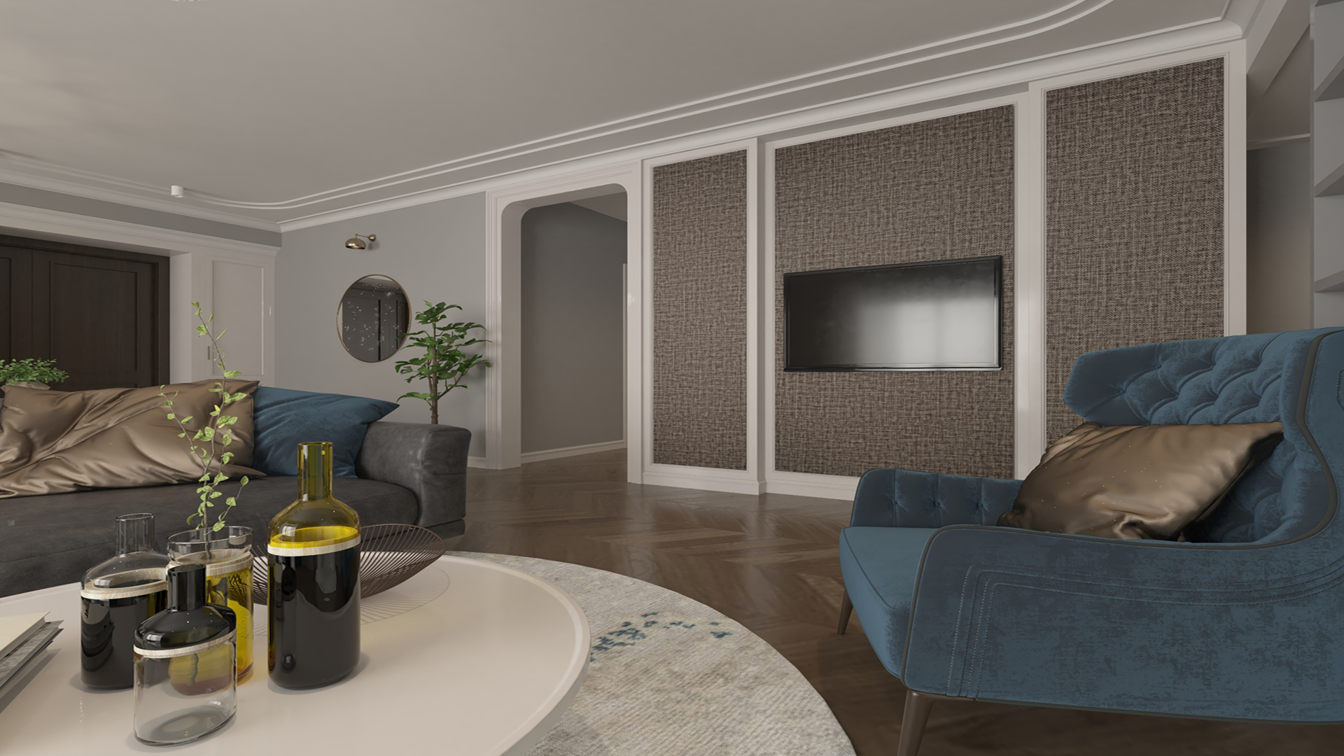 Multi-colored fabric laminate with matte finish on wall panels in modern living room with blue furniture and decor.