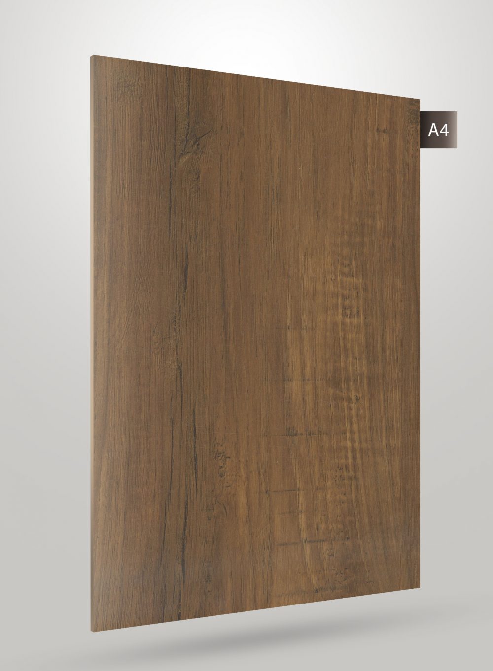 Brown wood grain decorative laminate with matte finish and visible texture, showcasing a natural wood pattern and grain