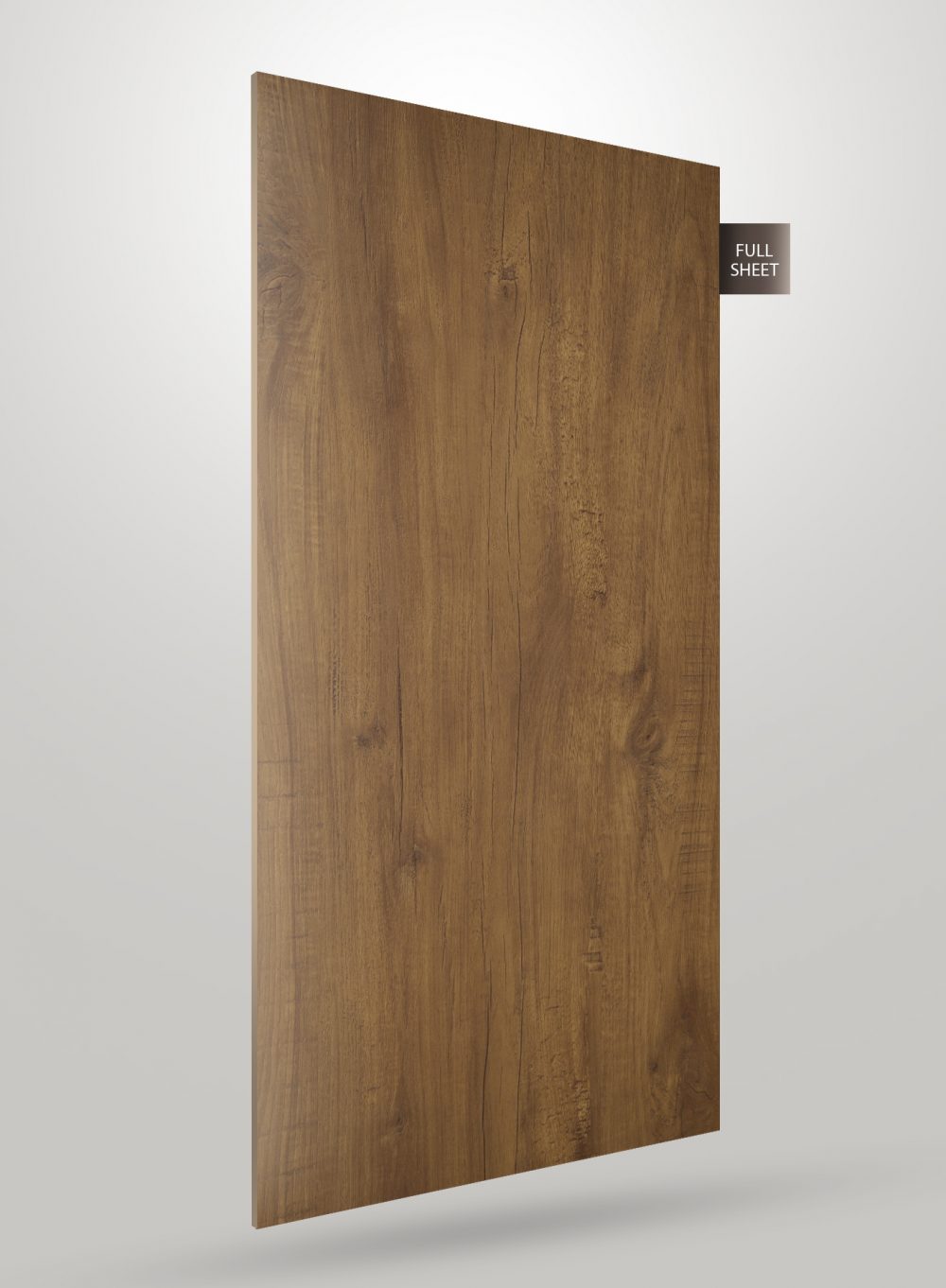 Brown wood grain decorative laminate with matte finish and visible wood texture and grain pattern on full sheet.