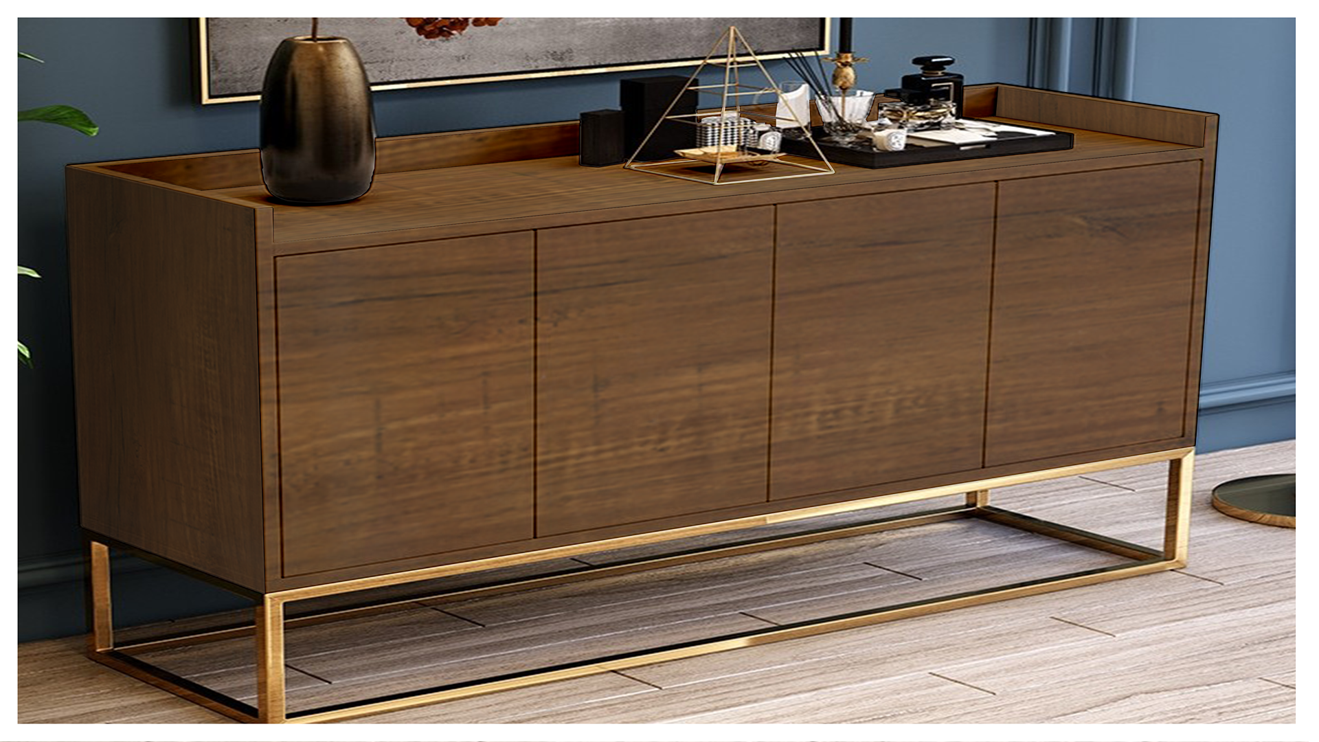 Wooden decorative laminate sideboard with matte finish and wood grain texture, used in modern interior design with gold