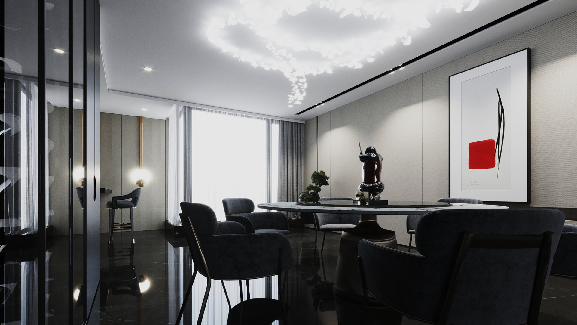 White decorative laminate wall panel with matte finish in modern dining room interior with minimalist decor and sleek