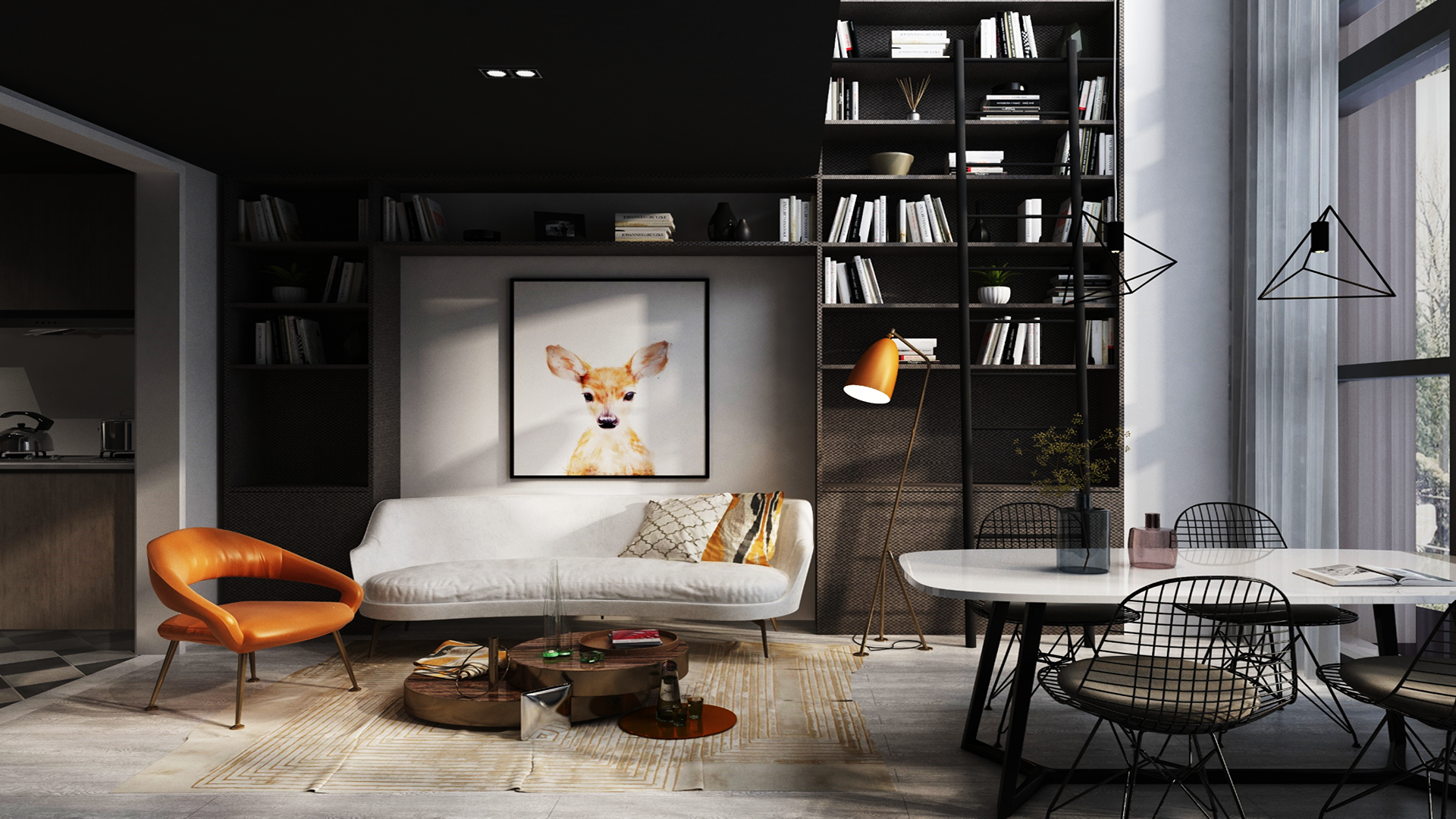 Multi-coloured fabric laminate with matte finish used on bookshelf in modern living room with minimalist decor and natural