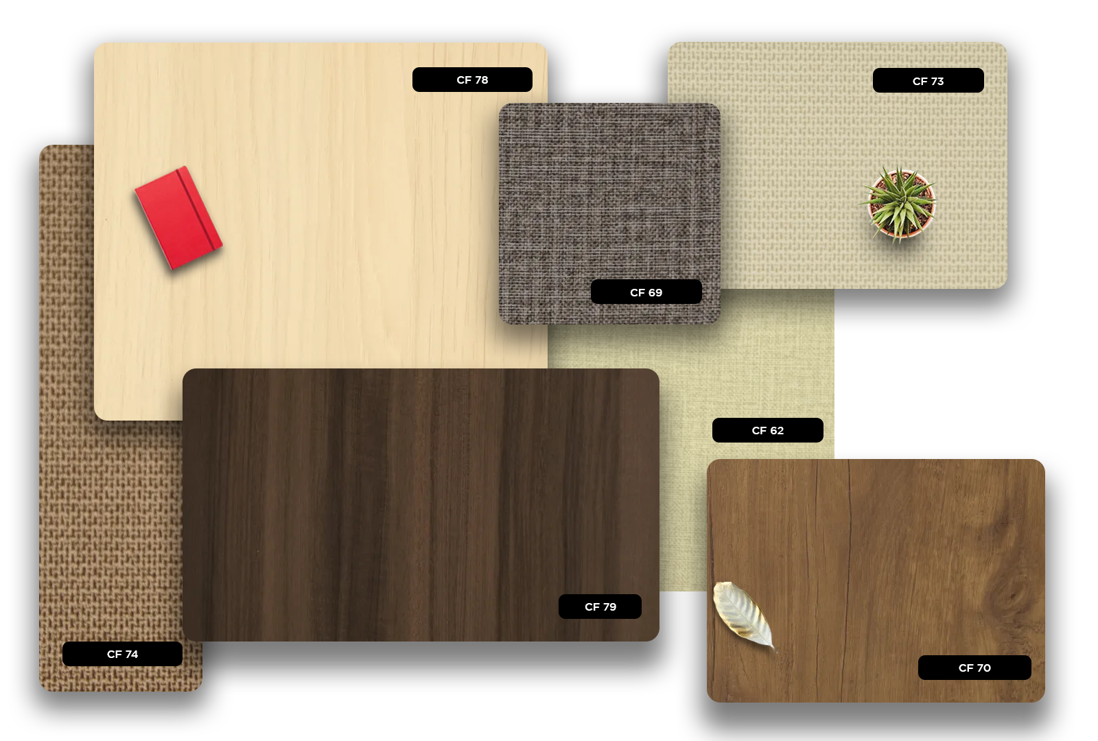 Multi-coloured fabric laminate samples with matte finish and textured pattern, showcasing various designs and colours for