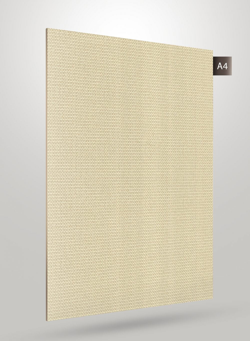 Beige fabric laminate with matte finish and textured weave pattern, showcasing subtle grid design and smooth edges.