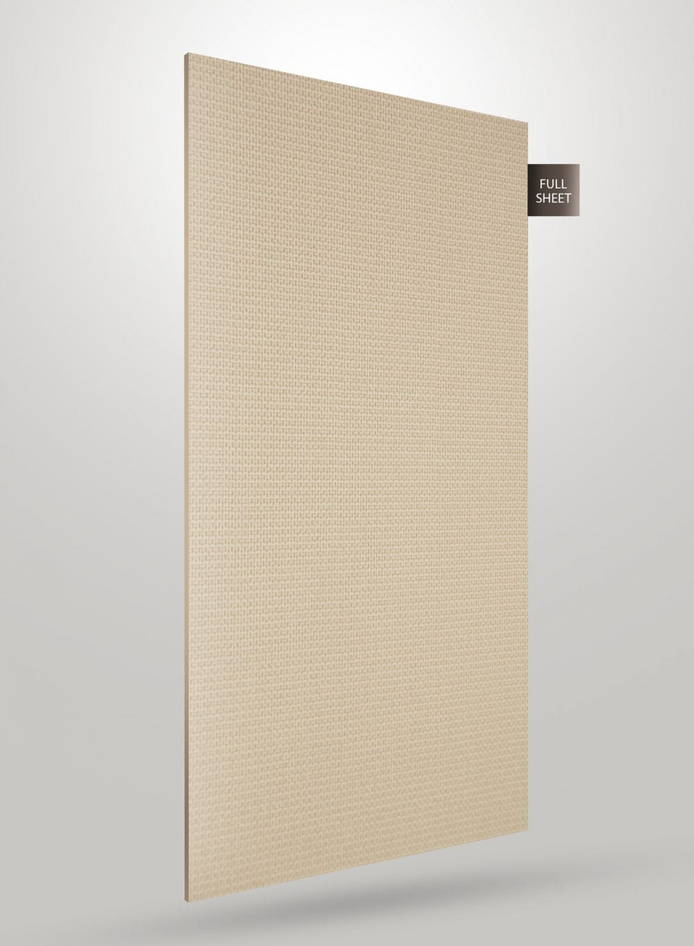 Beige fabric laminate sheet with textured pattern and matte finish displayed on a grey background with full sheet label.