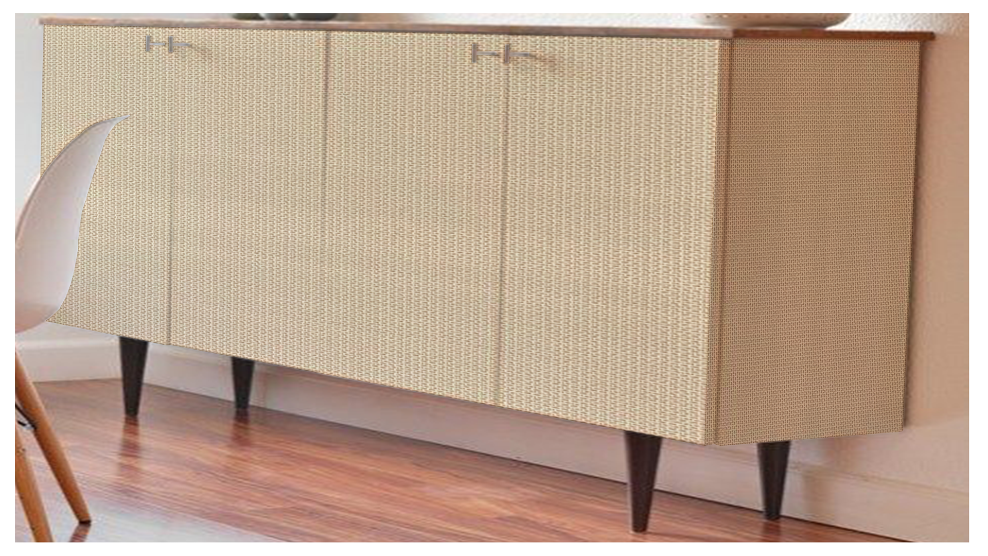 Multi-colored fabric laminate with textured weave pattern on cabinet doors, showcasing matte finish and subtle grid design.