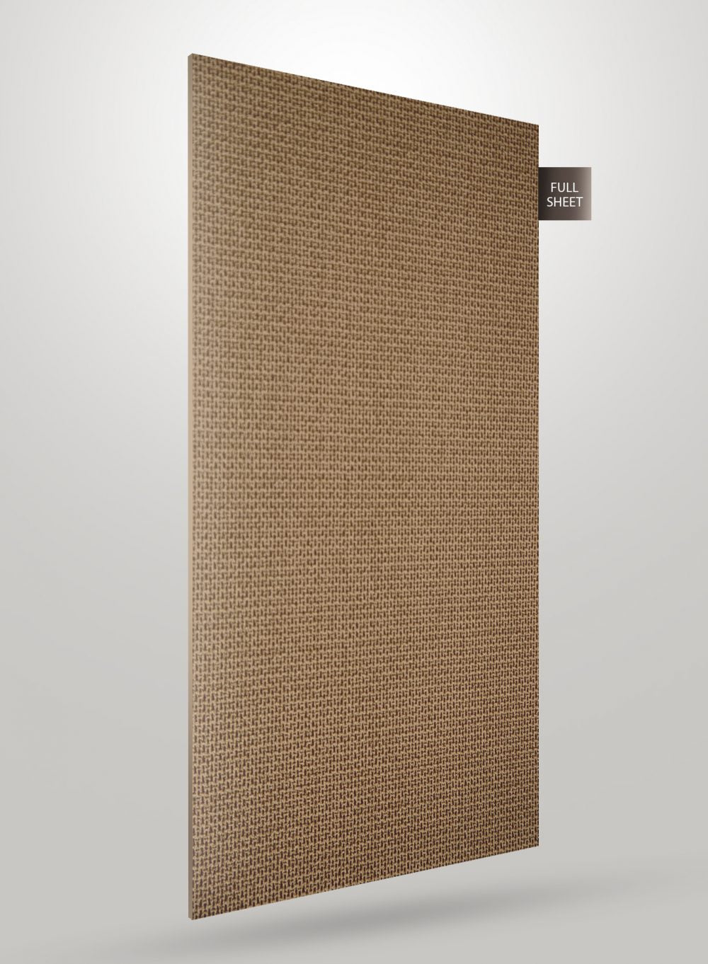 Brown fabric laminate sheet with textured weave pattern and matte finish, displayed at an angle with full sheet label.