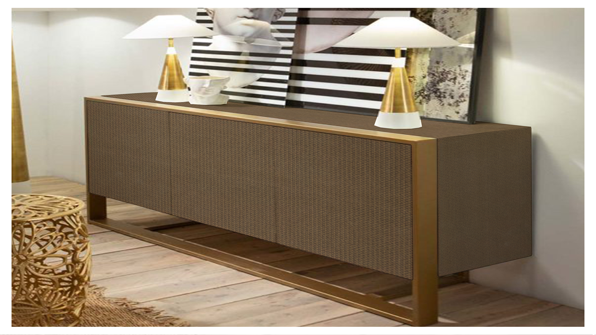 Brown fabric laminate sideboard with gold trim and legs, featuring textured pattern and matte finish in a modern room