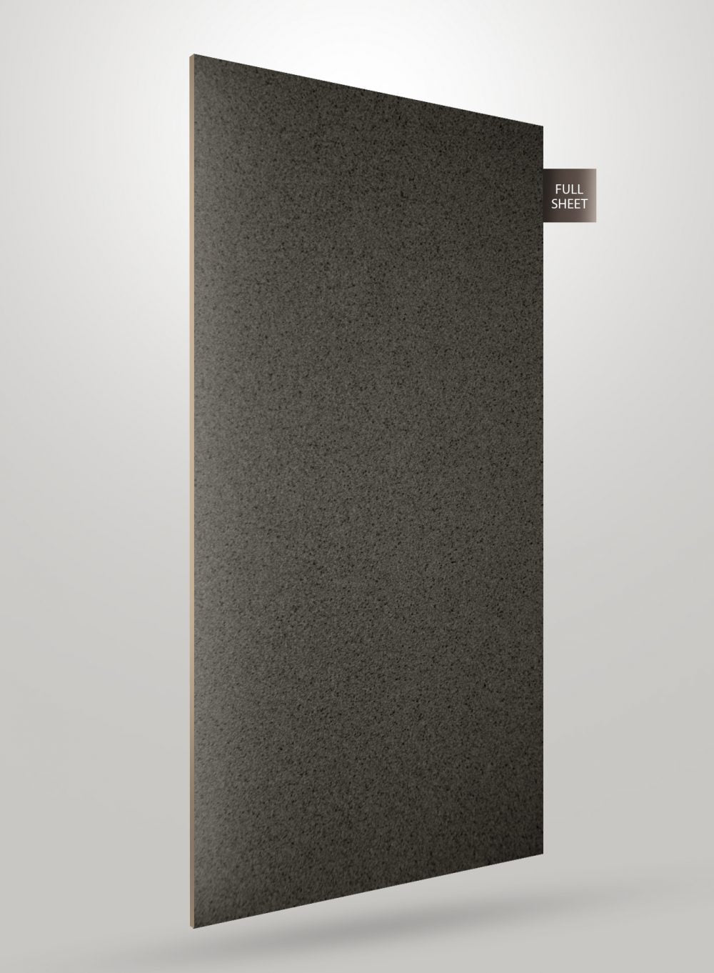 Matte grey solid colour laminate sheet with subtle texture and speckled pattern, shown at an angle with full sheet label.