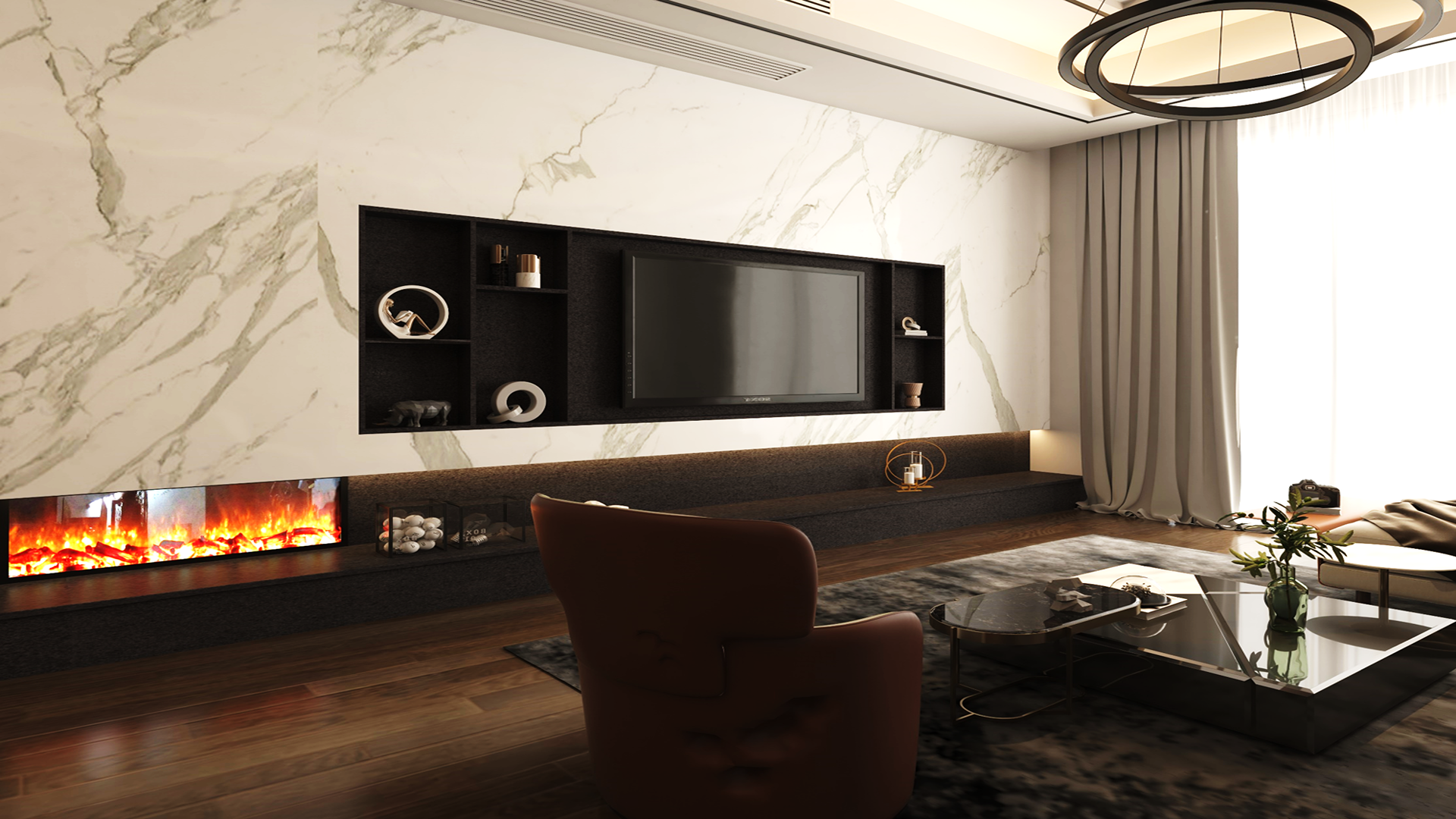 Matte grey laminate wall in modern living room with marble pattern and sleek decor