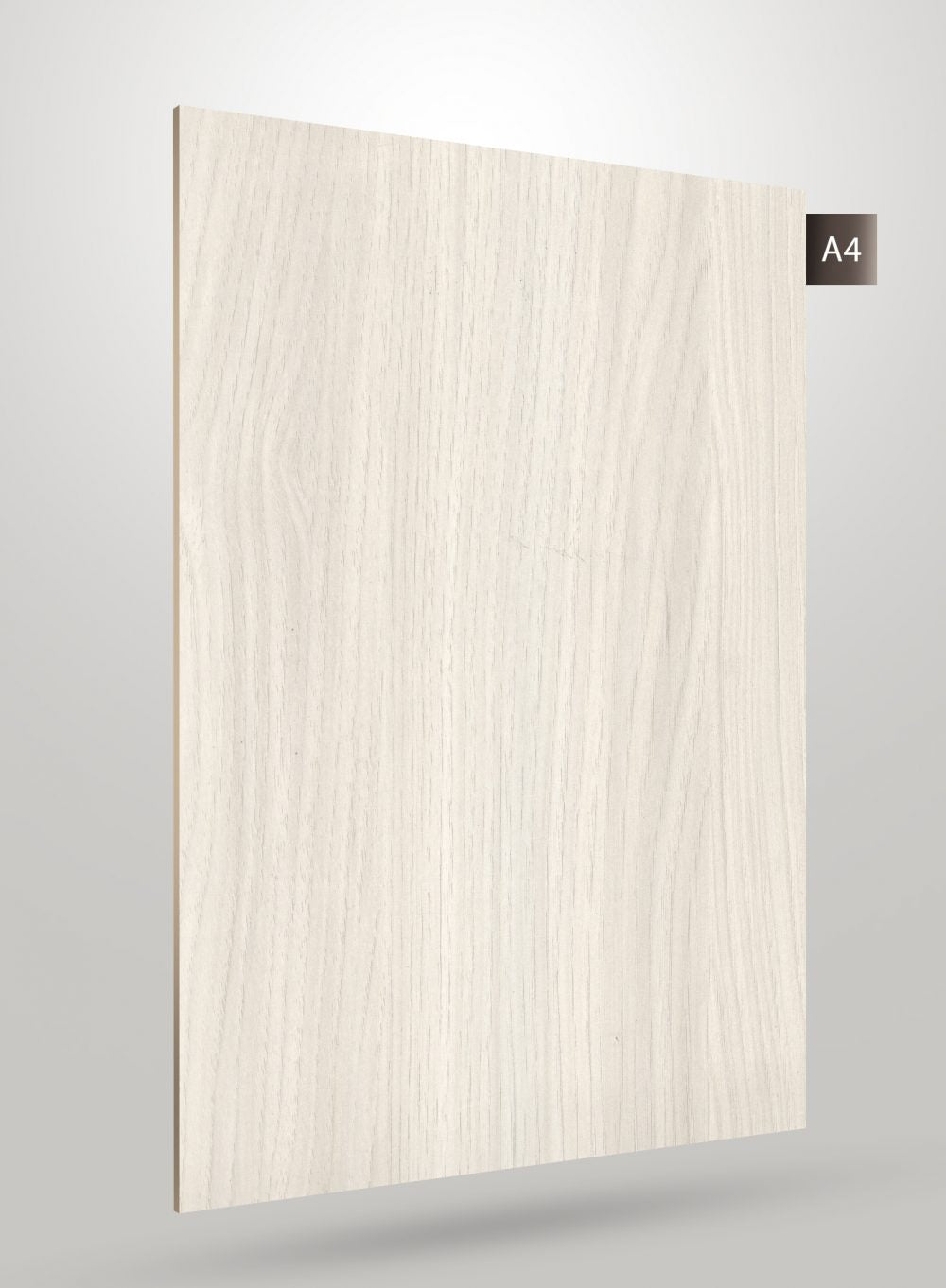 Light wood grain decorative laminate with matte finish and vertical grain pattern on a square sheet.