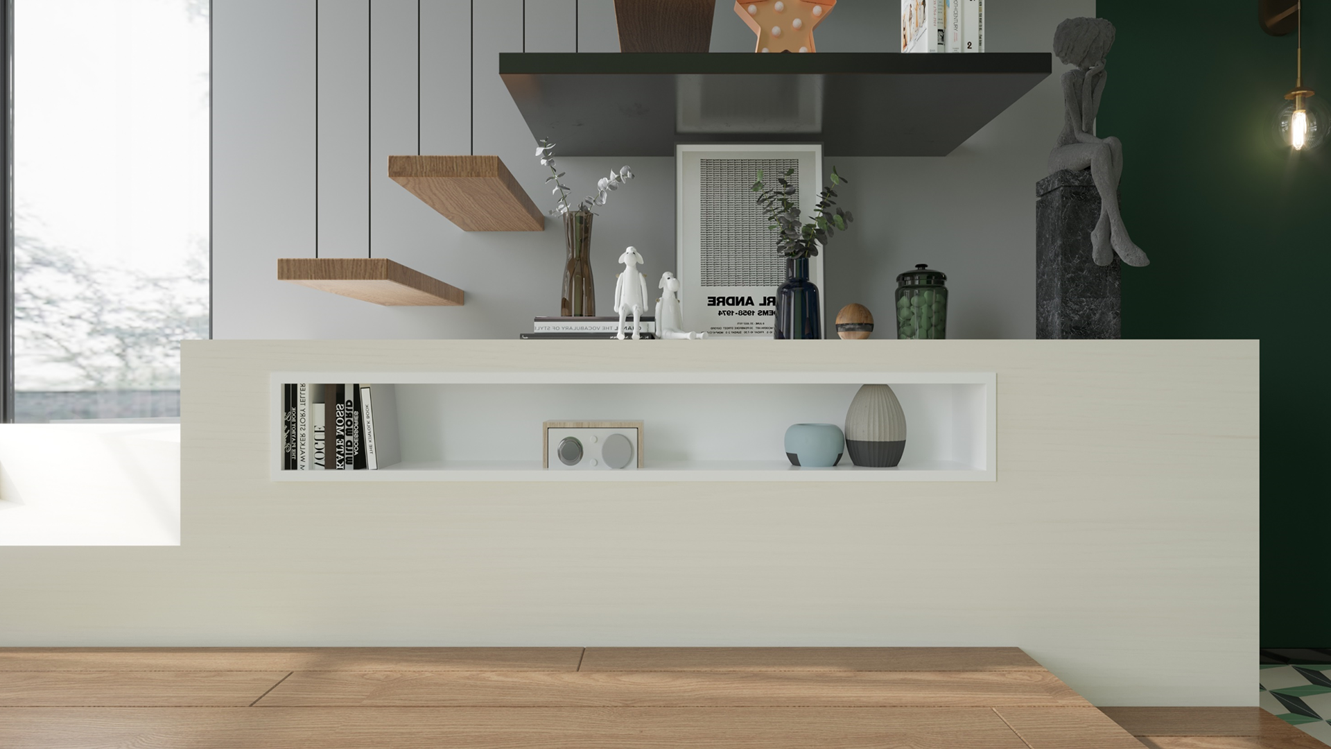 Brown wood laminate shelf with matte finish in modern room setting, showcasing wood grain texture and natural appearance.