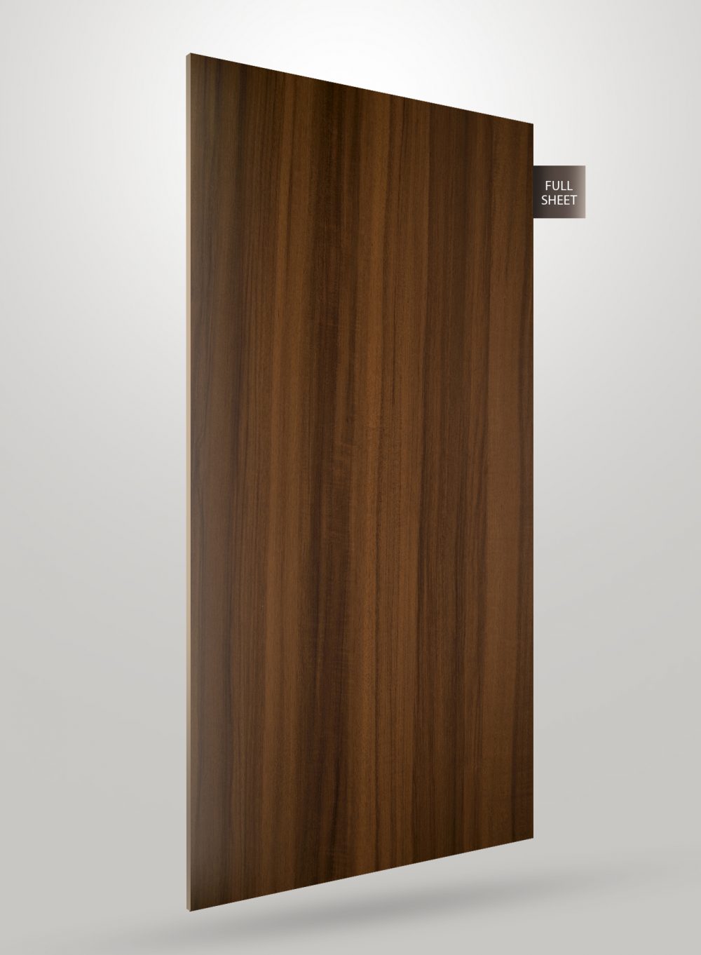 Brown wood grain decorative laminate sheet with matte finish and vertical wood pattern, labeled full sheet.