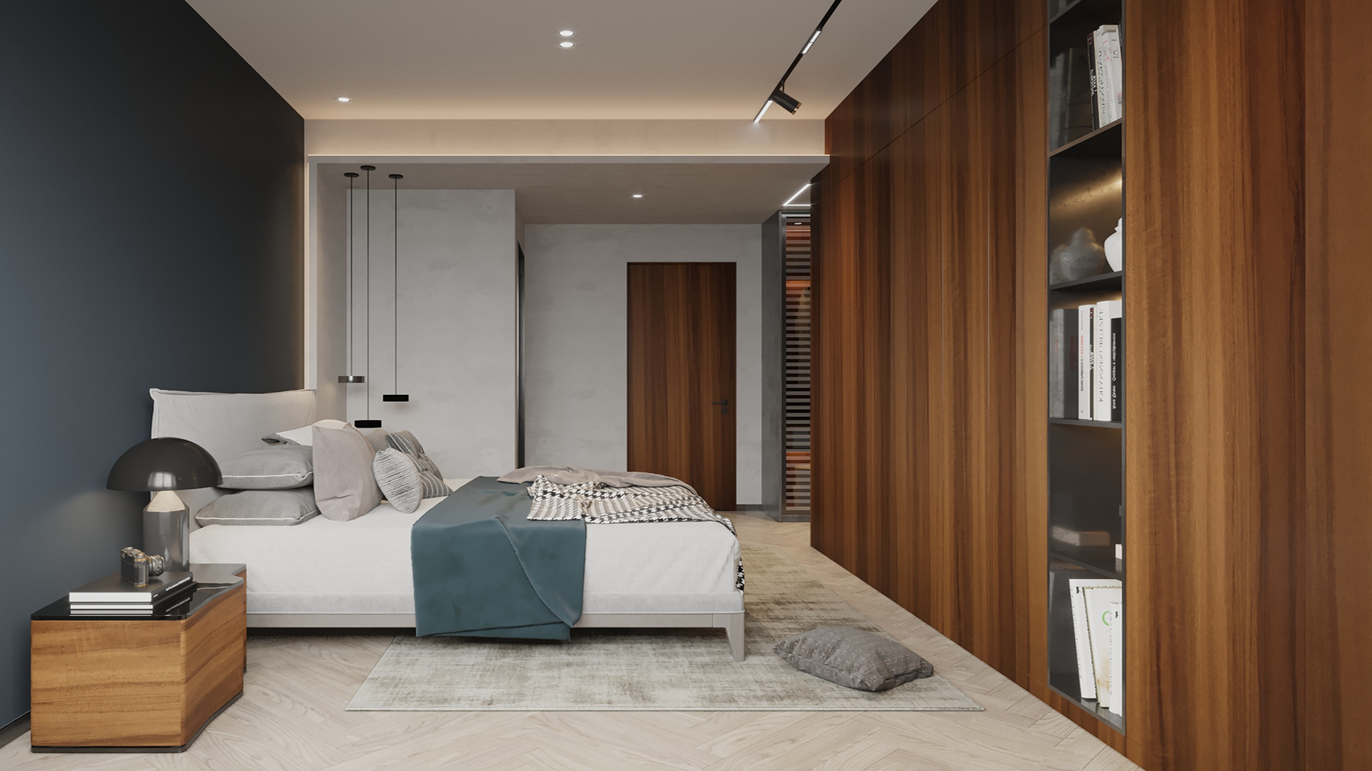 Brown wood laminate wall and furniture in modern bedroom with white bed and gray accents, matte finish and wood grain visible
