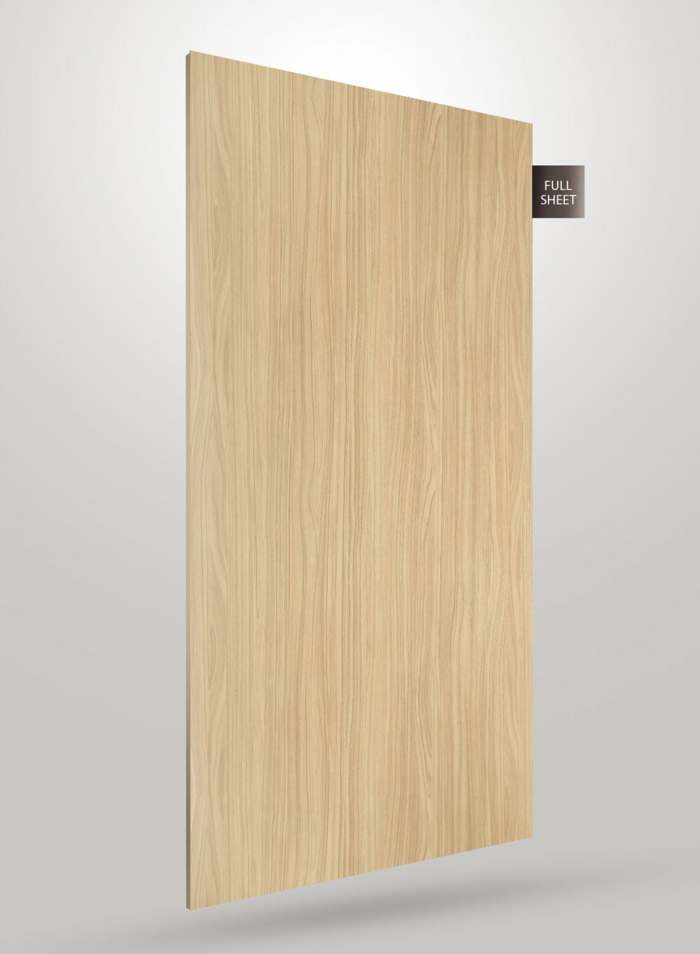 Beige wood grain decorative laminate sheet with straight grain pattern and matte finish displayed on a gray background.