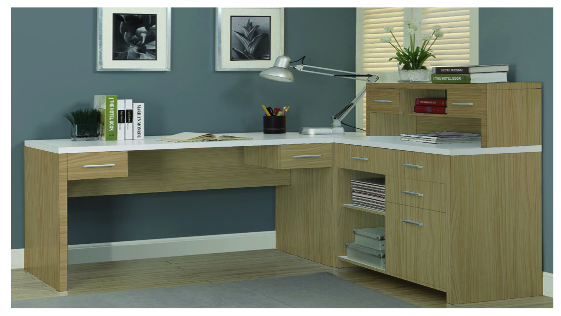 Beige wood grain laminate desk with matte finish, visible wood texture and grain pattern in a modern office setting.