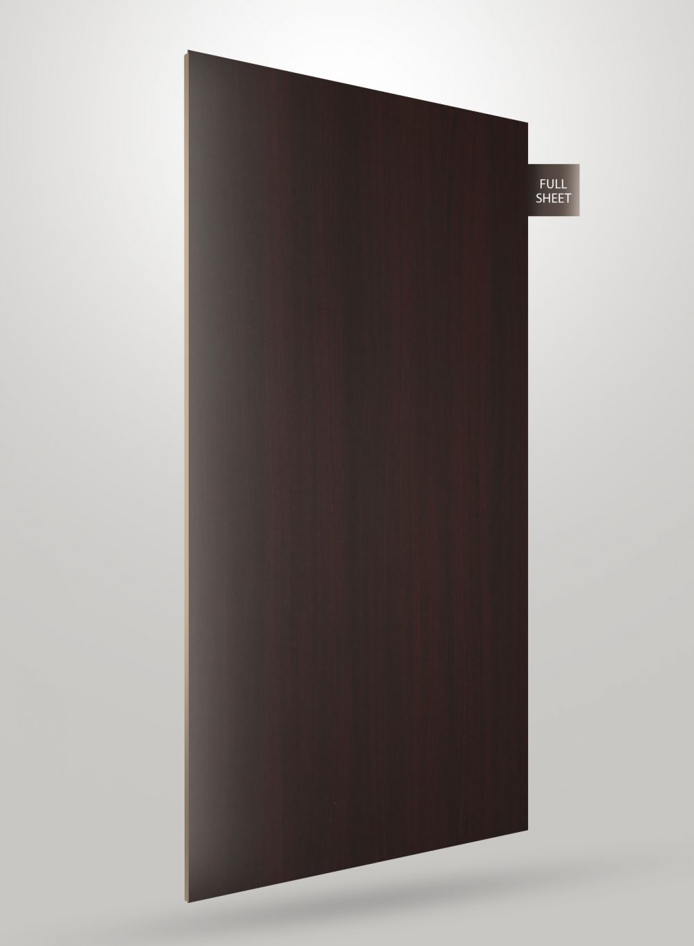 Dark brown wood grain laminate sheet with matte finish and subtle texture, labeled full sheet.