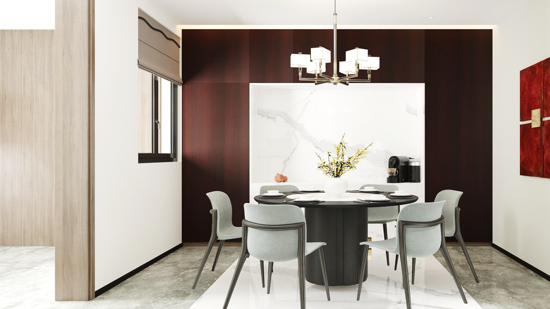 Brown wood laminate wall paneling with matte finish in modern dining room with dark table and light chairs