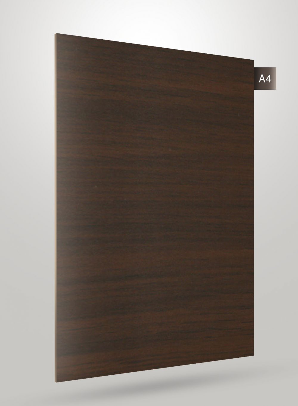 Brown wood grain decorative laminate with matte finish and visible wood texture on a rectangular sheet.
