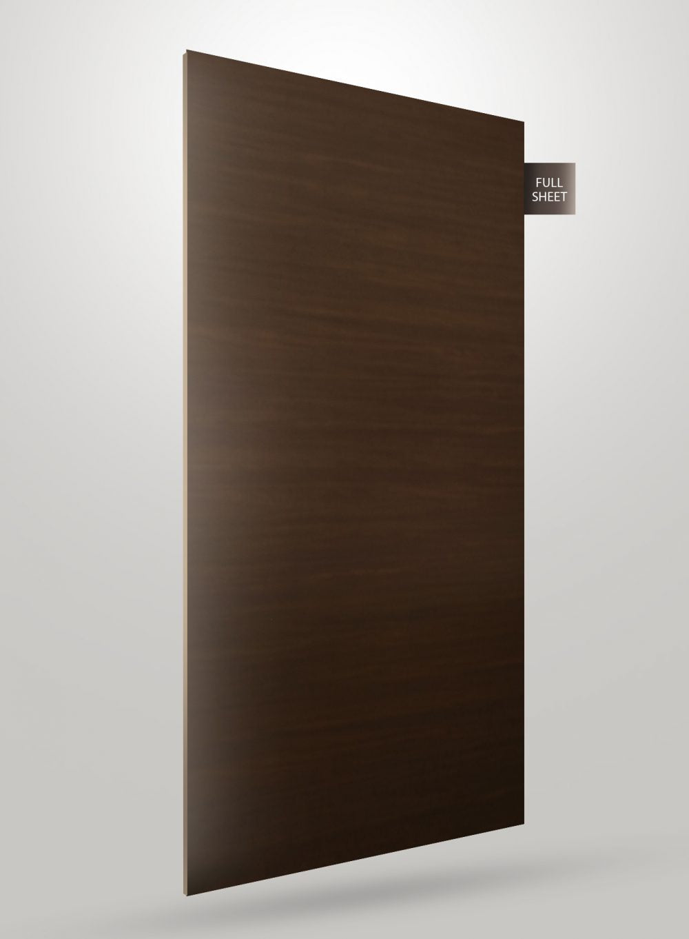 Brown wood grain decorative laminate with matte finish and visible wood texture, shown as a full sheet.