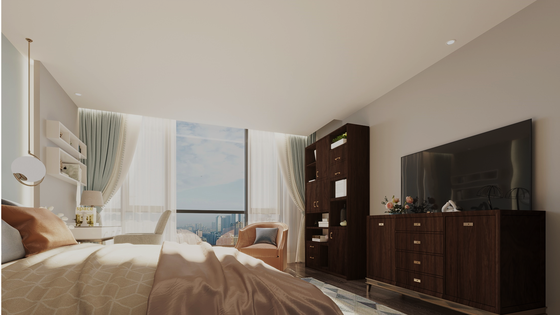 Brown wood laminate furniture in modern bedroom with city view, showcasing wood grain texture and matte finish on cabinet