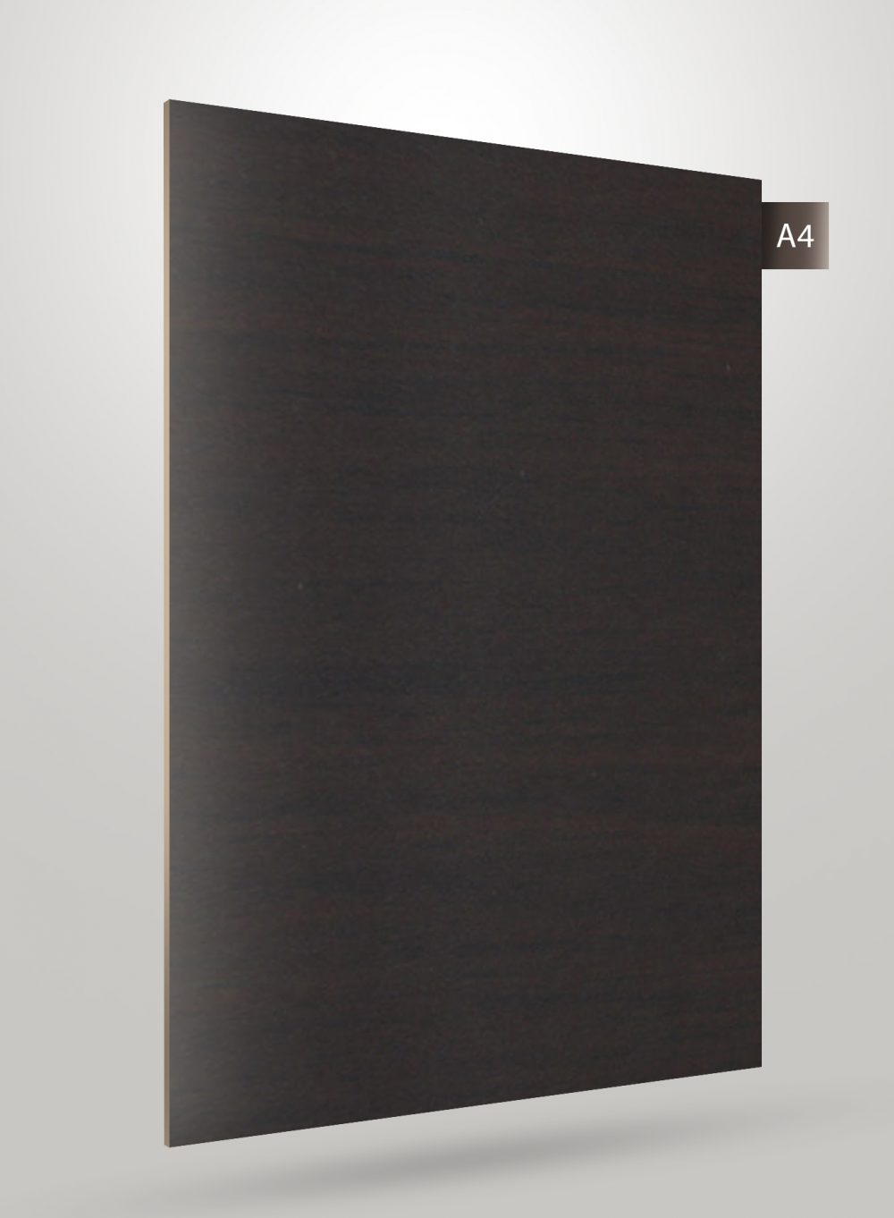 Dark brown matte decorative laminate sheet with wood grain texture and subtle sheen on plain background.