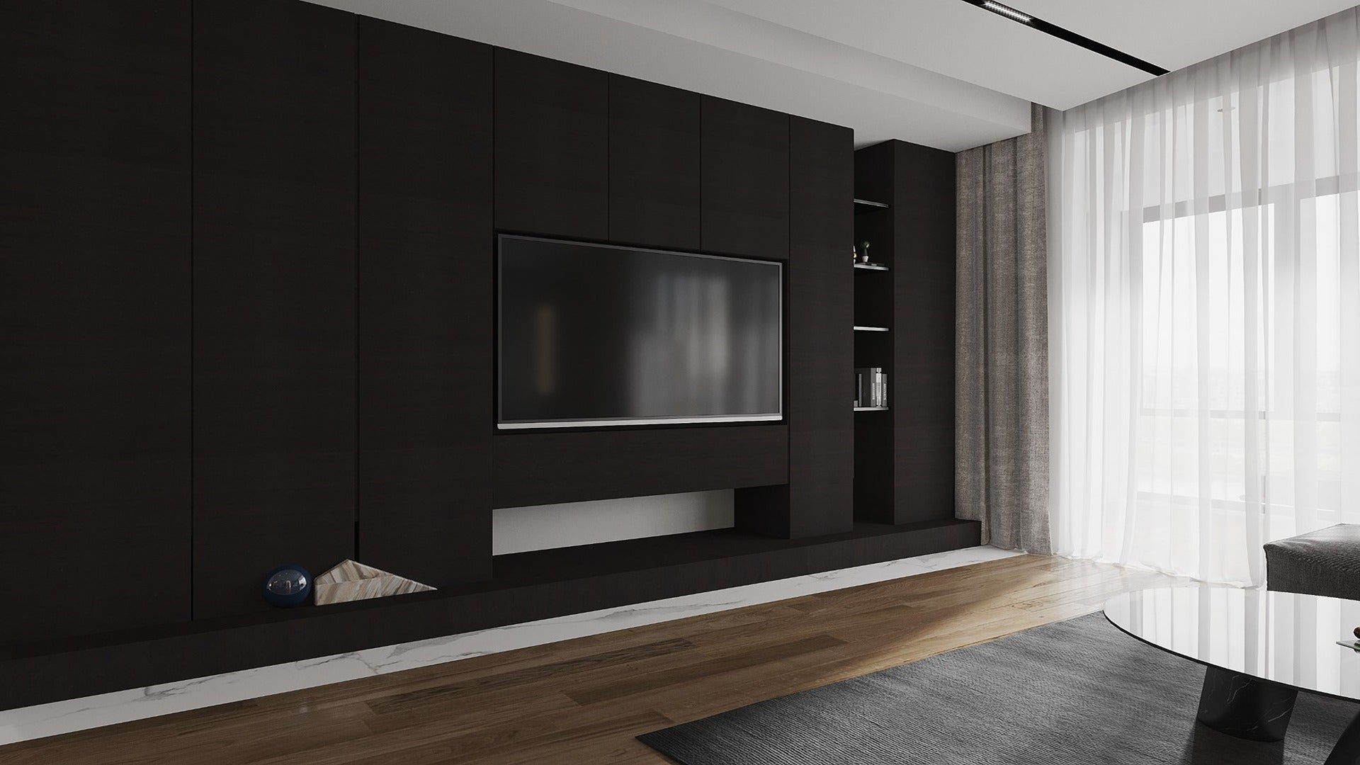 Brown wood laminate wall with matte finish in modern living room with TV unit and minimalist decor