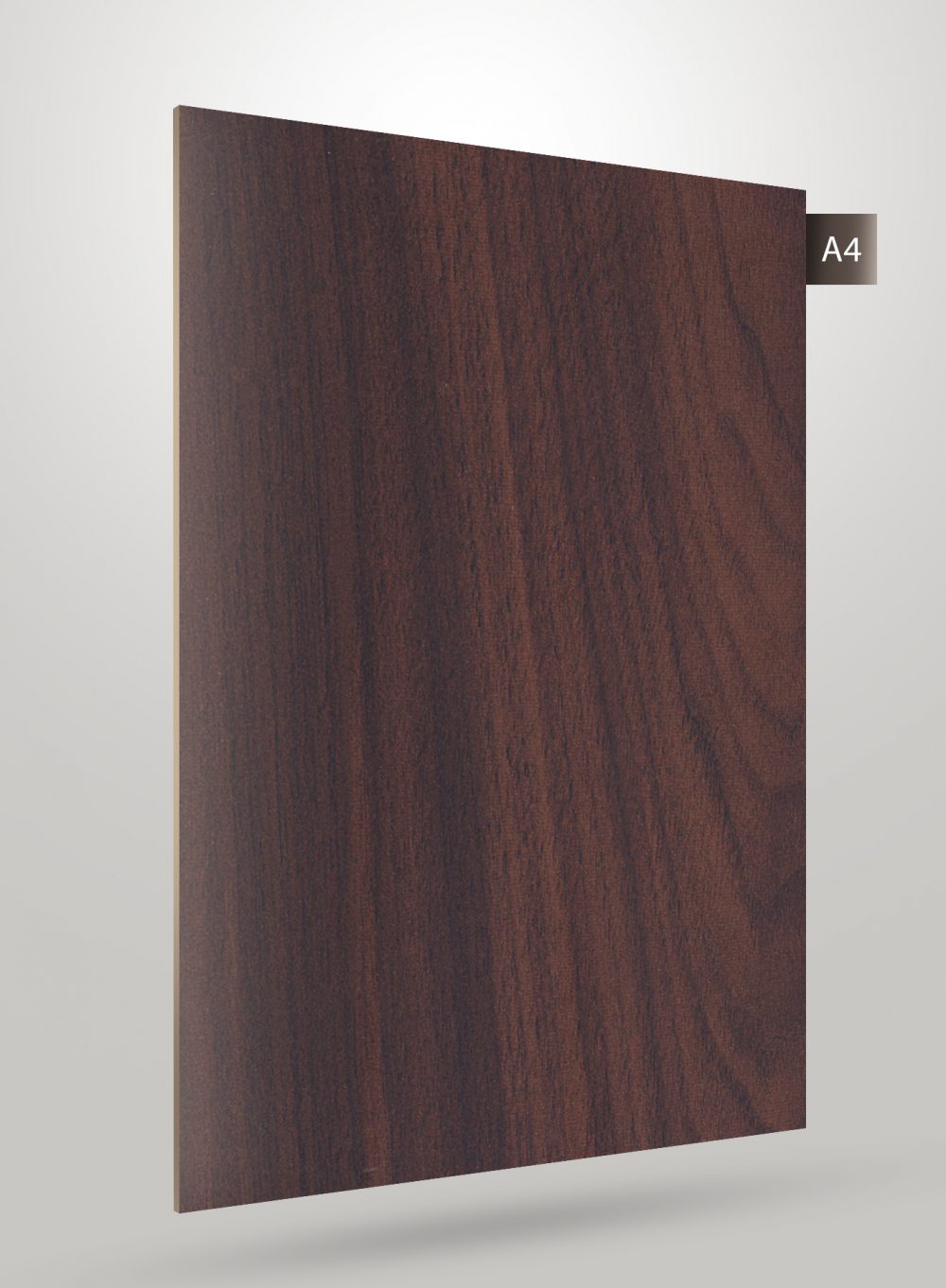 Brown wood grain decorative laminate with matte finish and visible wood texture and pattern.