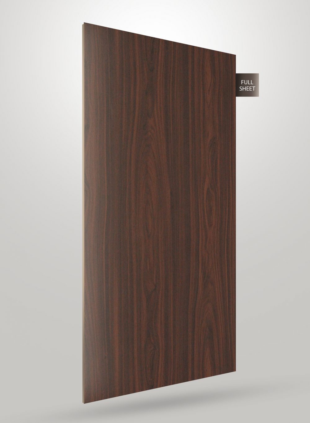 Brown wood grain decorative laminate sheet with matte finish and vertical grain pattern, shown in full sheet view.