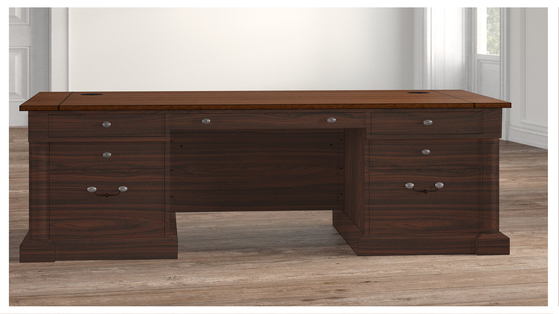 Brown wood grain decorative laminate desk with matte finish and visible wood texture in a modern office setting