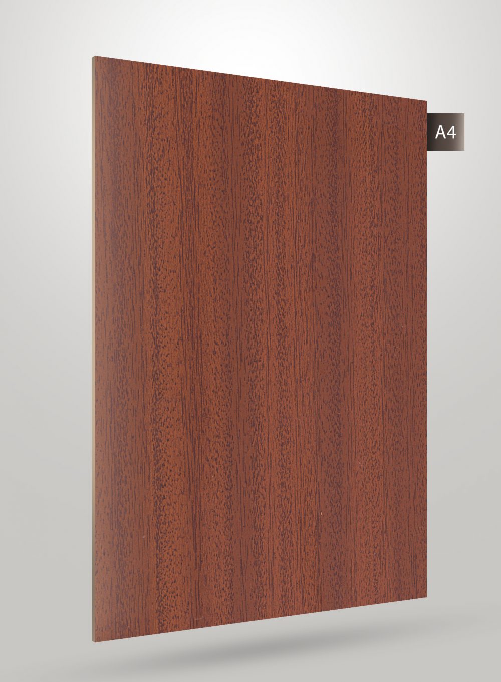 Brown wood grain decorative laminate with matte finish and vertical wood pattern texture.
