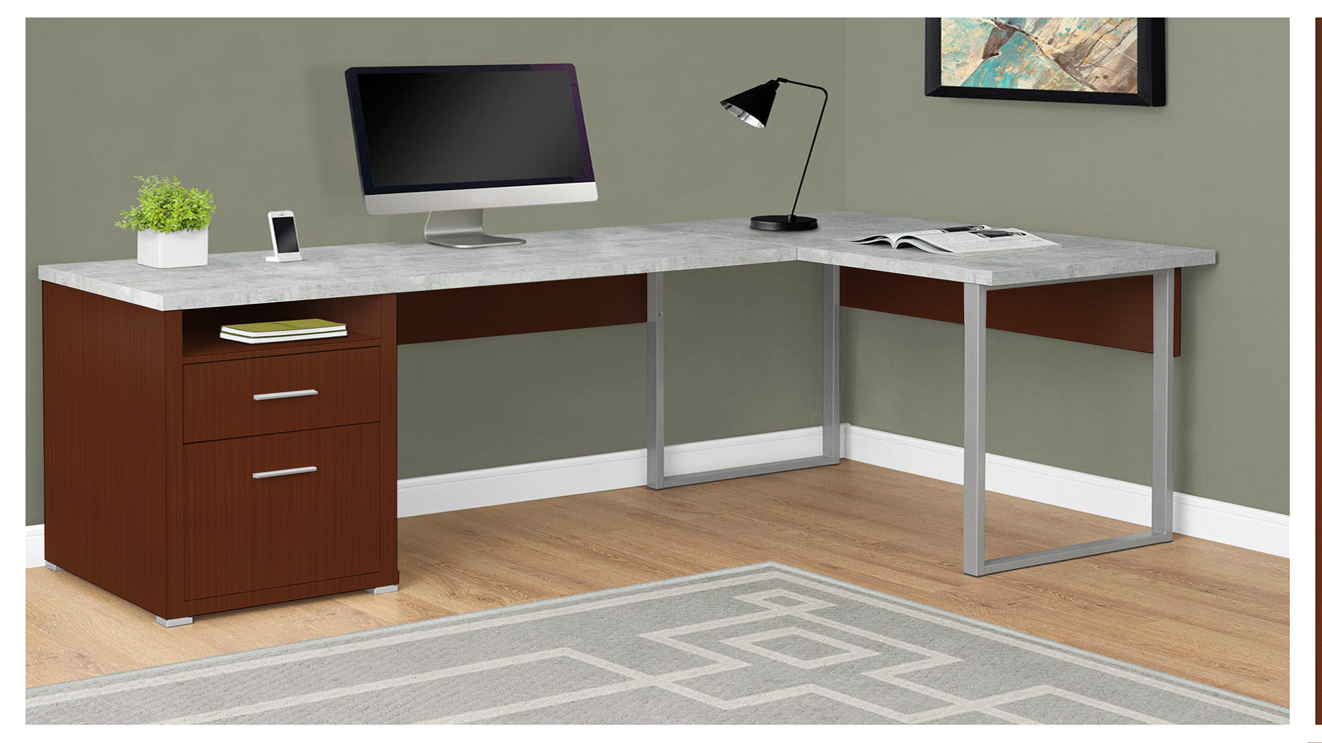 Brown wood laminate desk with matte finish and wood grain texture in a modern office setting with grey marble top