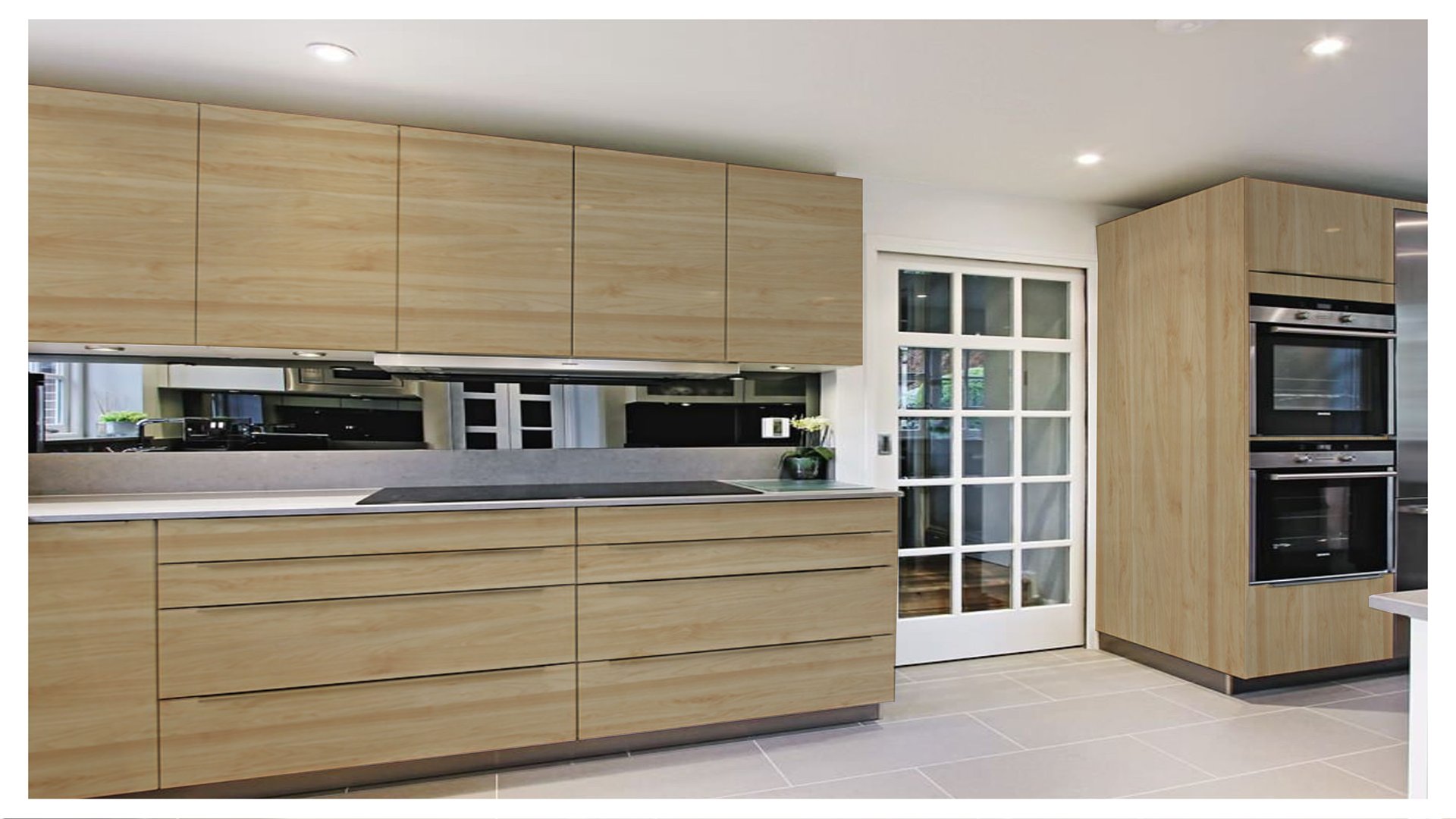 Wood laminate kitchen cabinets with matte finish and wood grain texture in a modern kitchen setting.