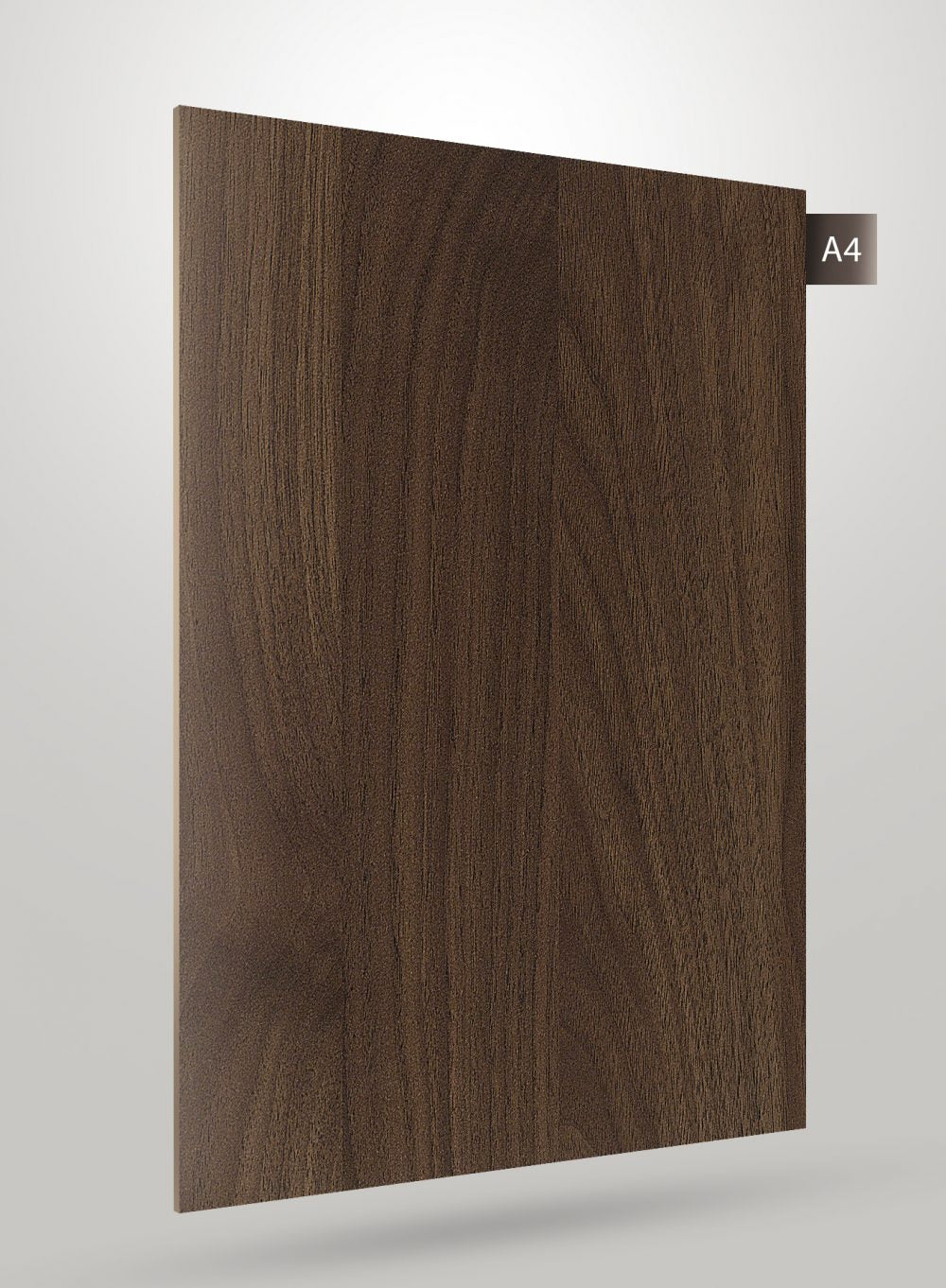 Brown wood grain laminate with matte finish and vertical grain pattern, displayed on a white background with code label.