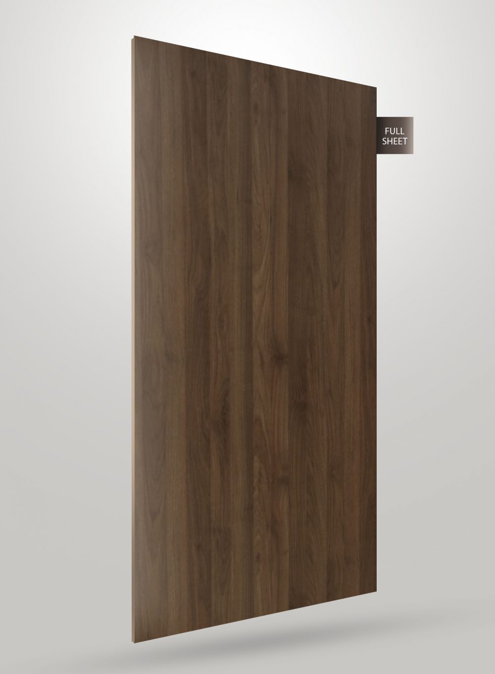Brown wood grain decorative laminate with matte finish and vertical wood pattern, shown as full sheet.