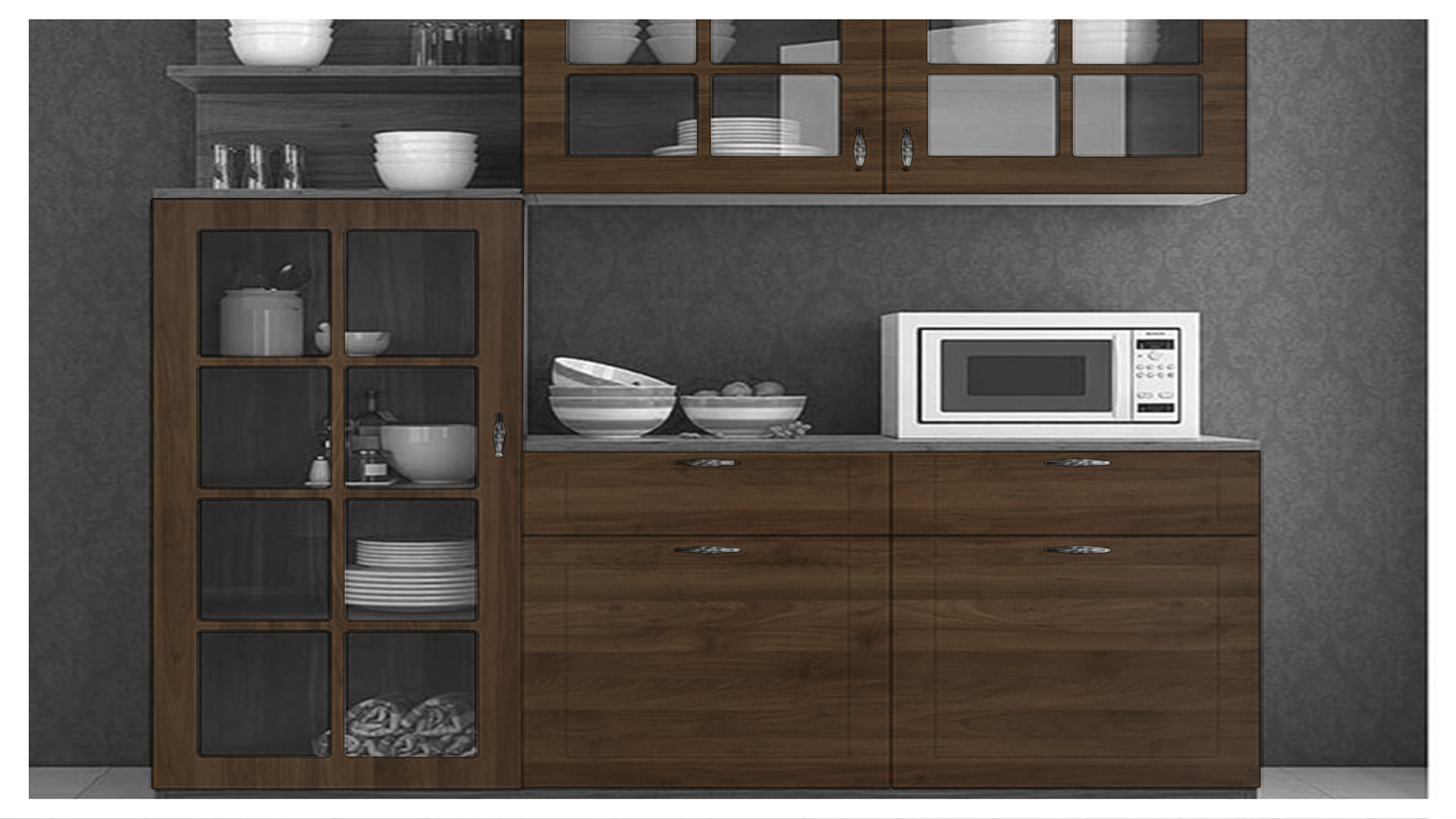 Wood laminate kitchen cabinets with matte finish and wood grain texture in dark brown color.