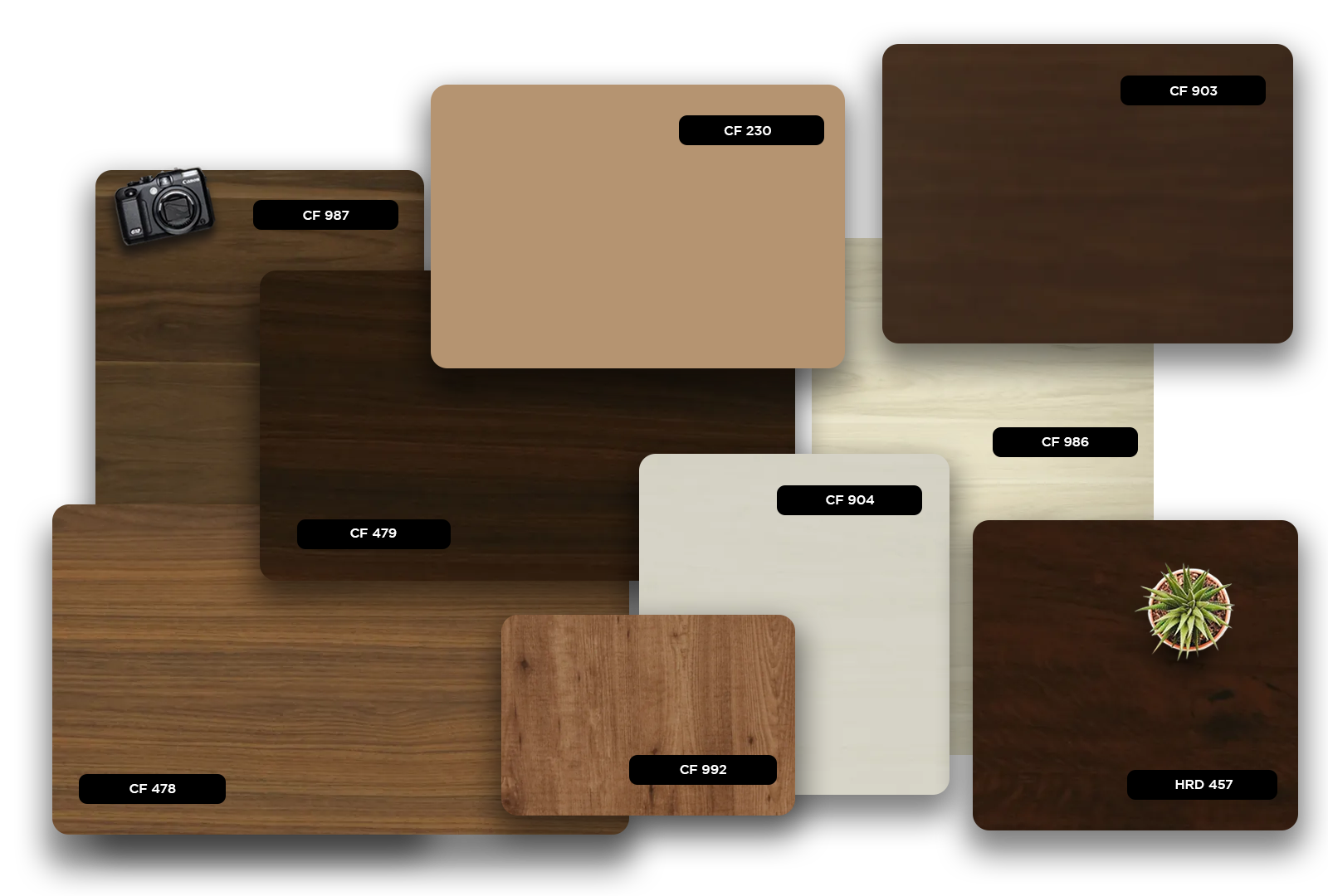 Brown wood grain laminate samples with matte finish and various textures displayed in different shades and code labels.
