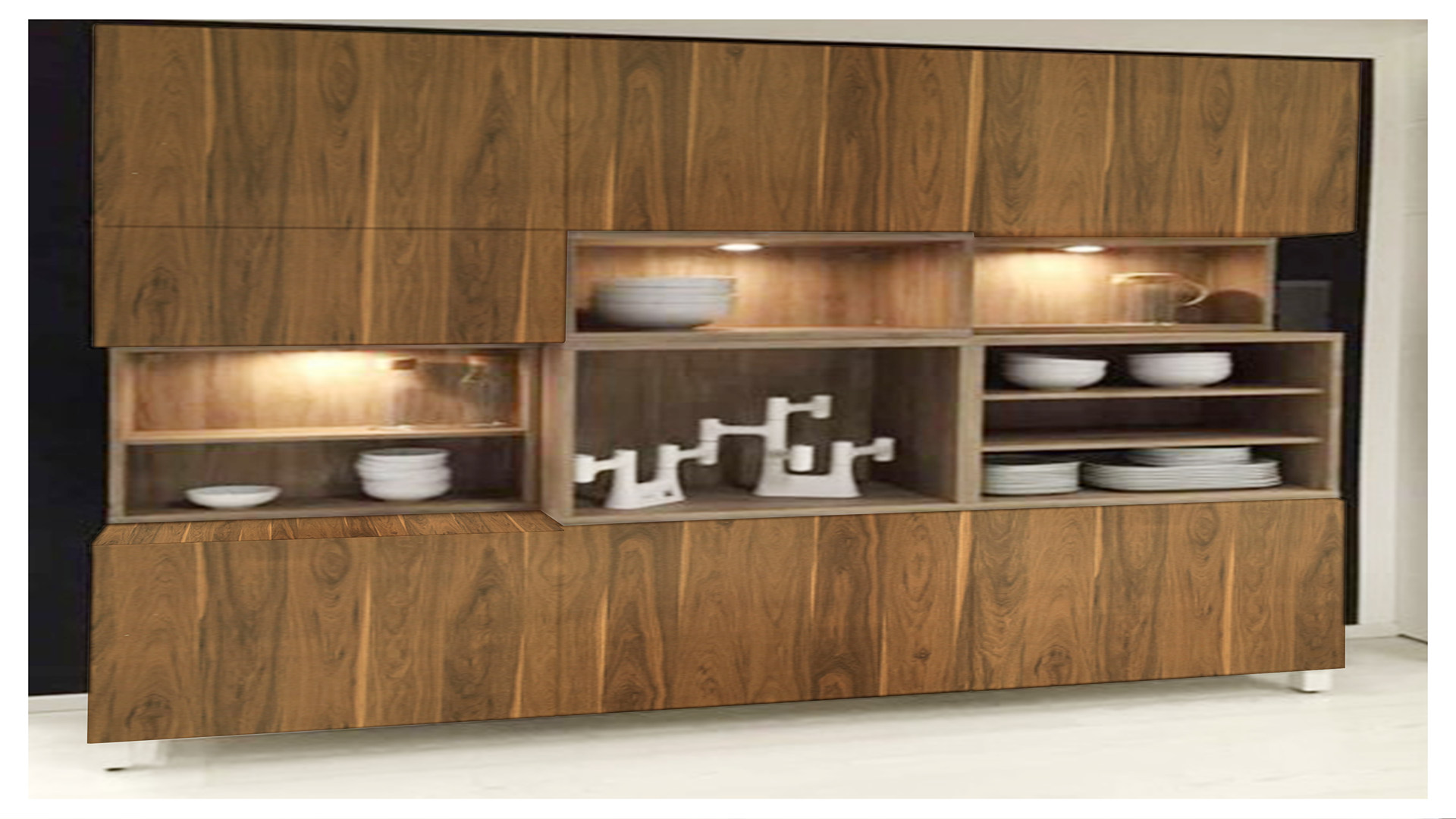 Brown wood grain laminate cabinet with matte finish and visible texture used in modern shelving unit with white dishes.