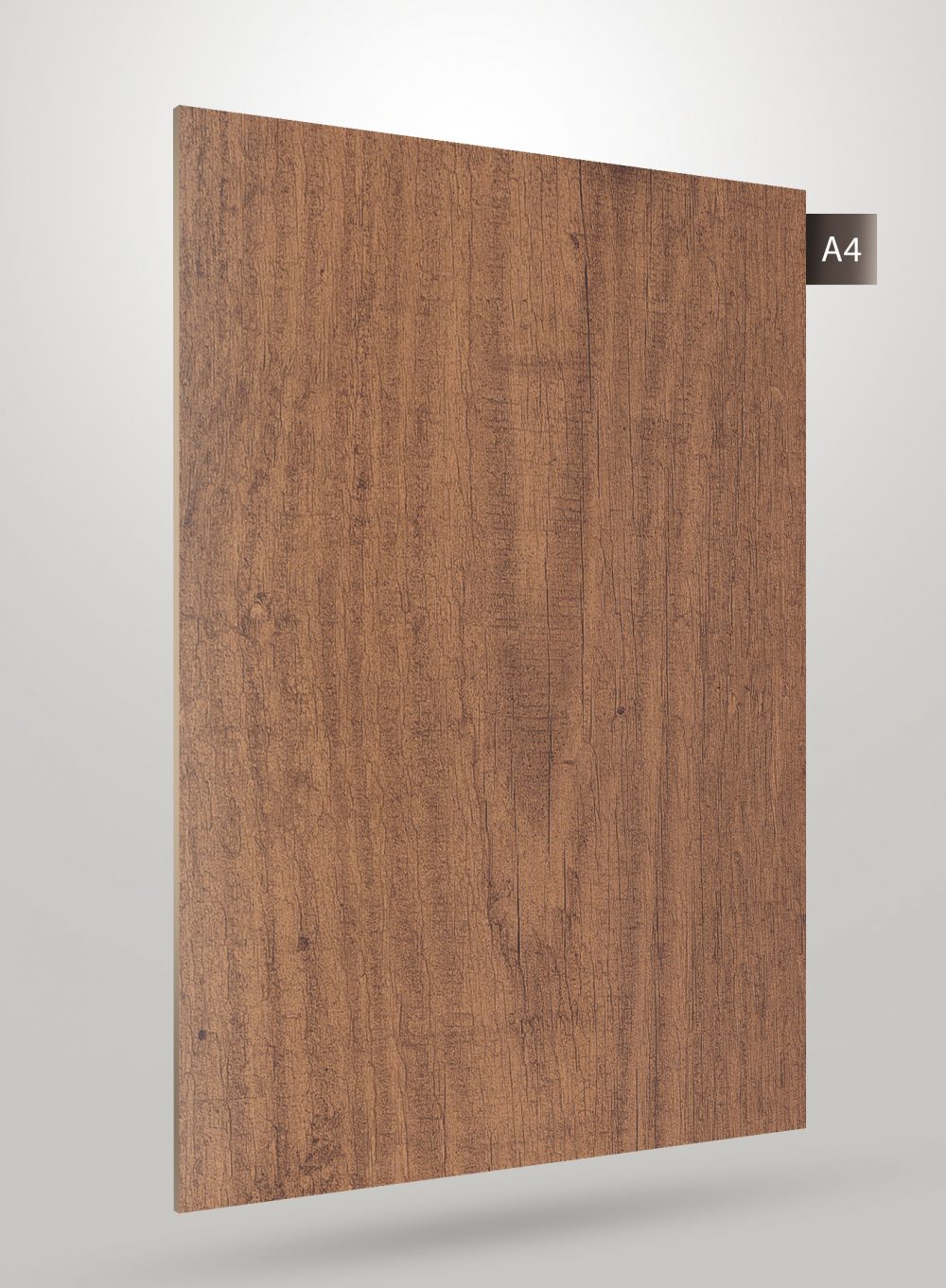 Brown wood grain laminate with matte finish and visible texture, decorative wood laminate for interior use.
