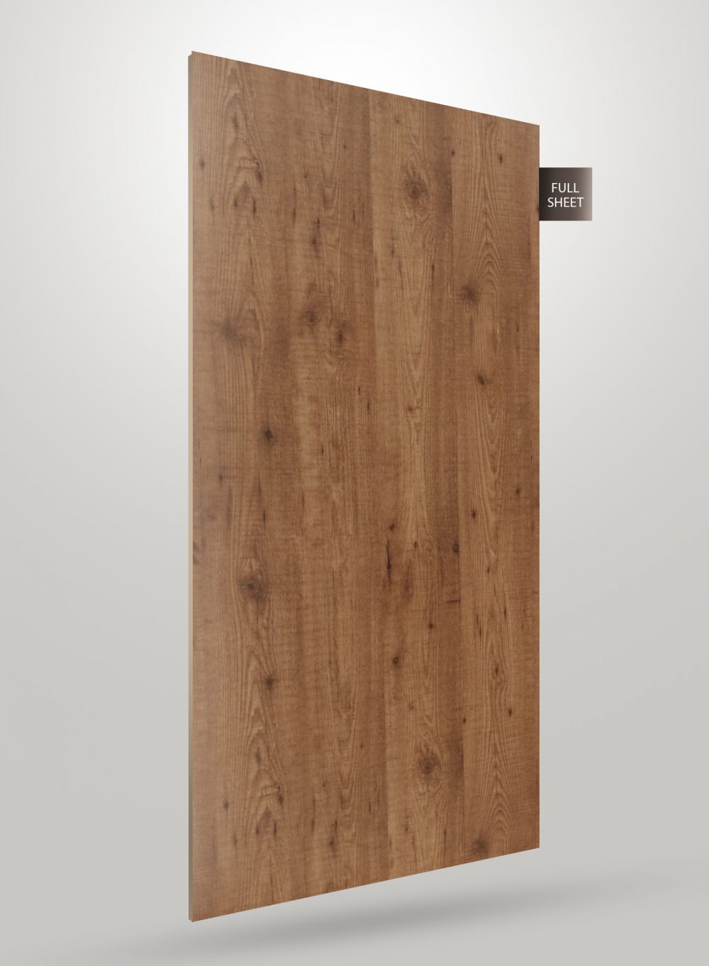 Brown wood grain decorative laminate with matte finish and visible wood texture and knots, labeled full sheet.