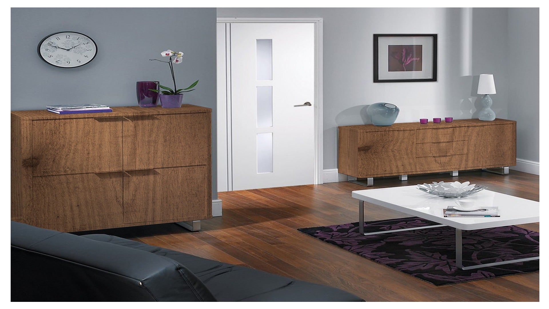 Brown wood laminate furniture in modern living room with wooden floor, featuring cabinet and coffee table with decorative