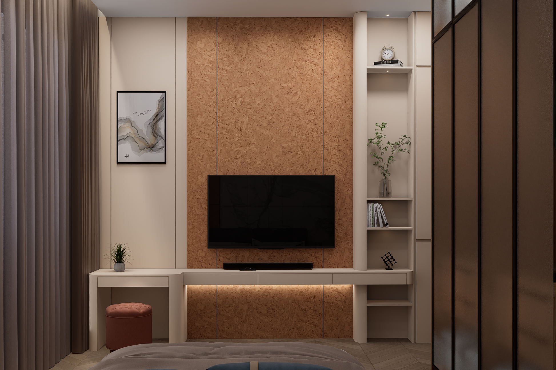 Brown decorative laminate wall panel with matte finish in a modern bedroom setting with minimalist decor and furniture.