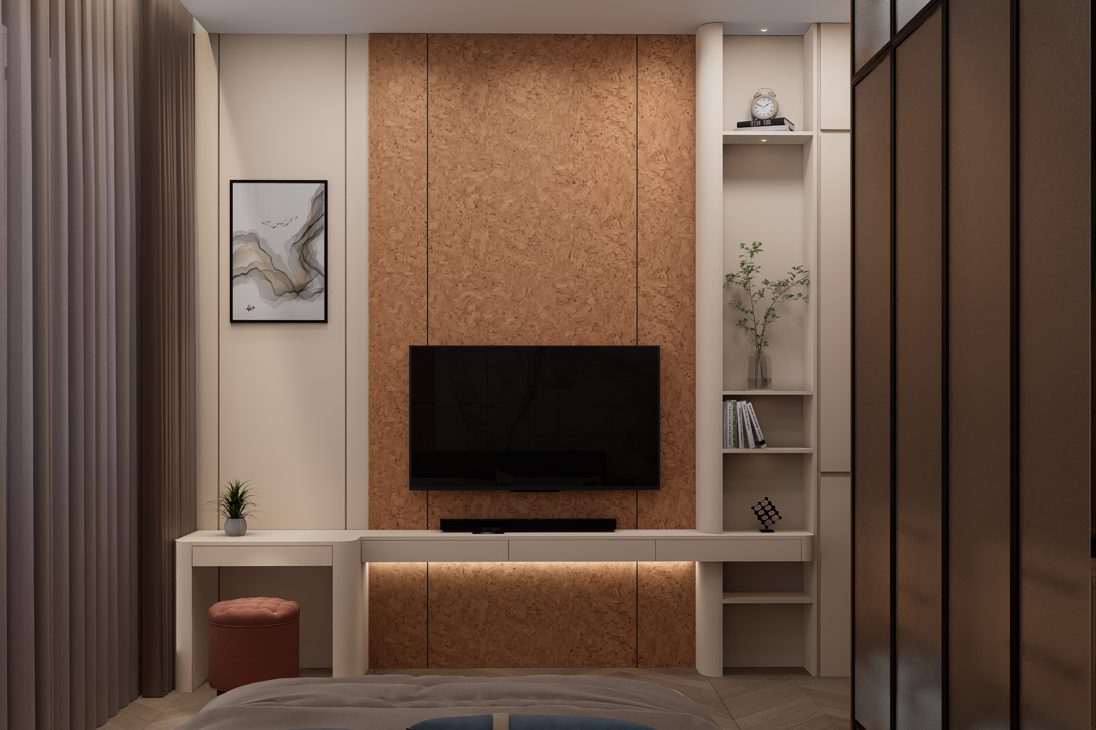 Brown decorative laminate wall panel with matte finish in a modern bedroom setting with minimalist decor and furniture.