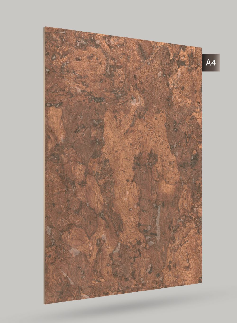 Brown marble laminate sheet with matte finish and textured pattern, decorative interior material for walls and furniture.