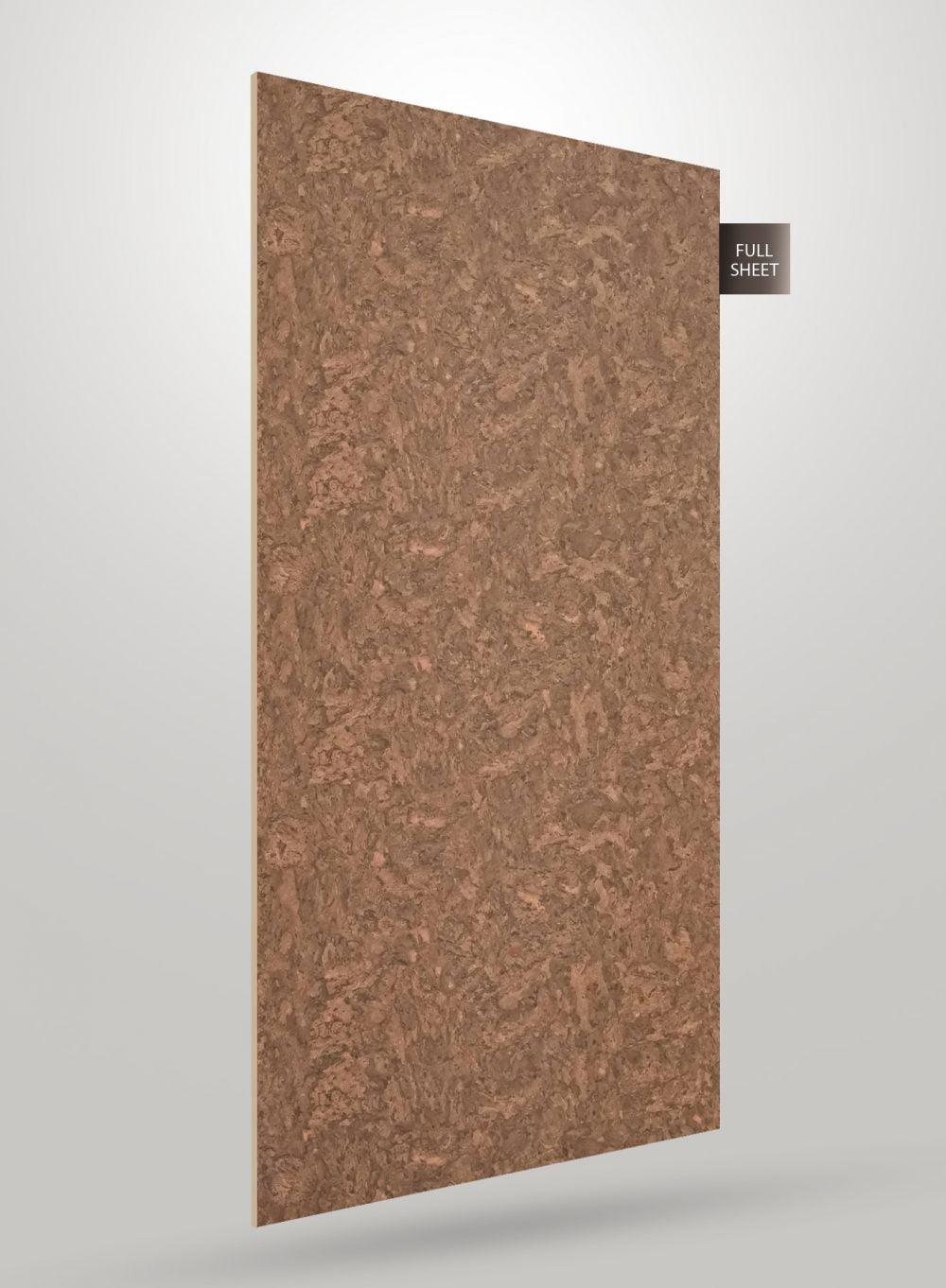 Brown marble laminate sheet with textured finish and mottled pattern, displayed as full sheet against a light grey