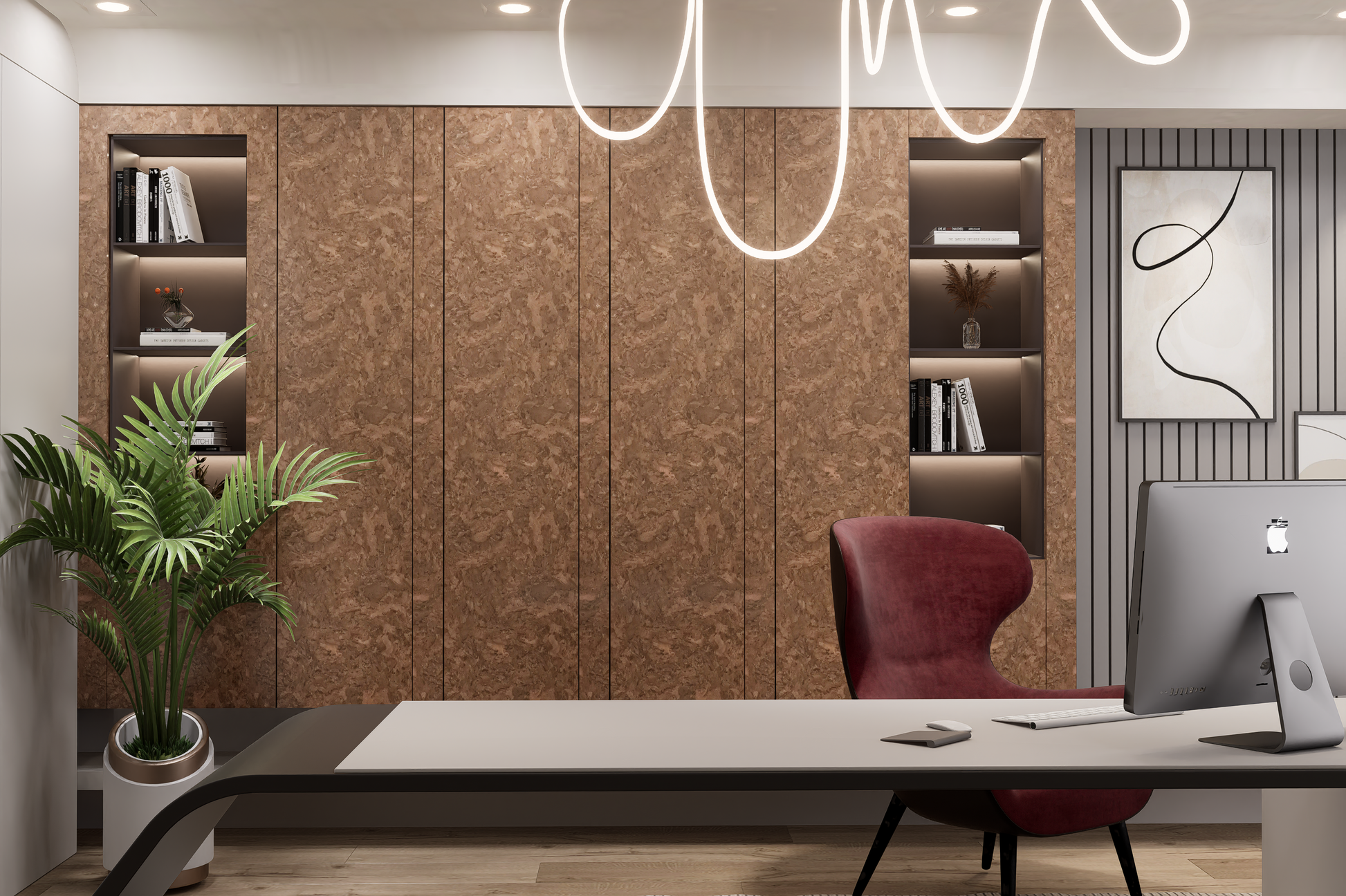 Brown marble laminate wall panels with matte finish in a modern office setting with built-in shelves and decor.