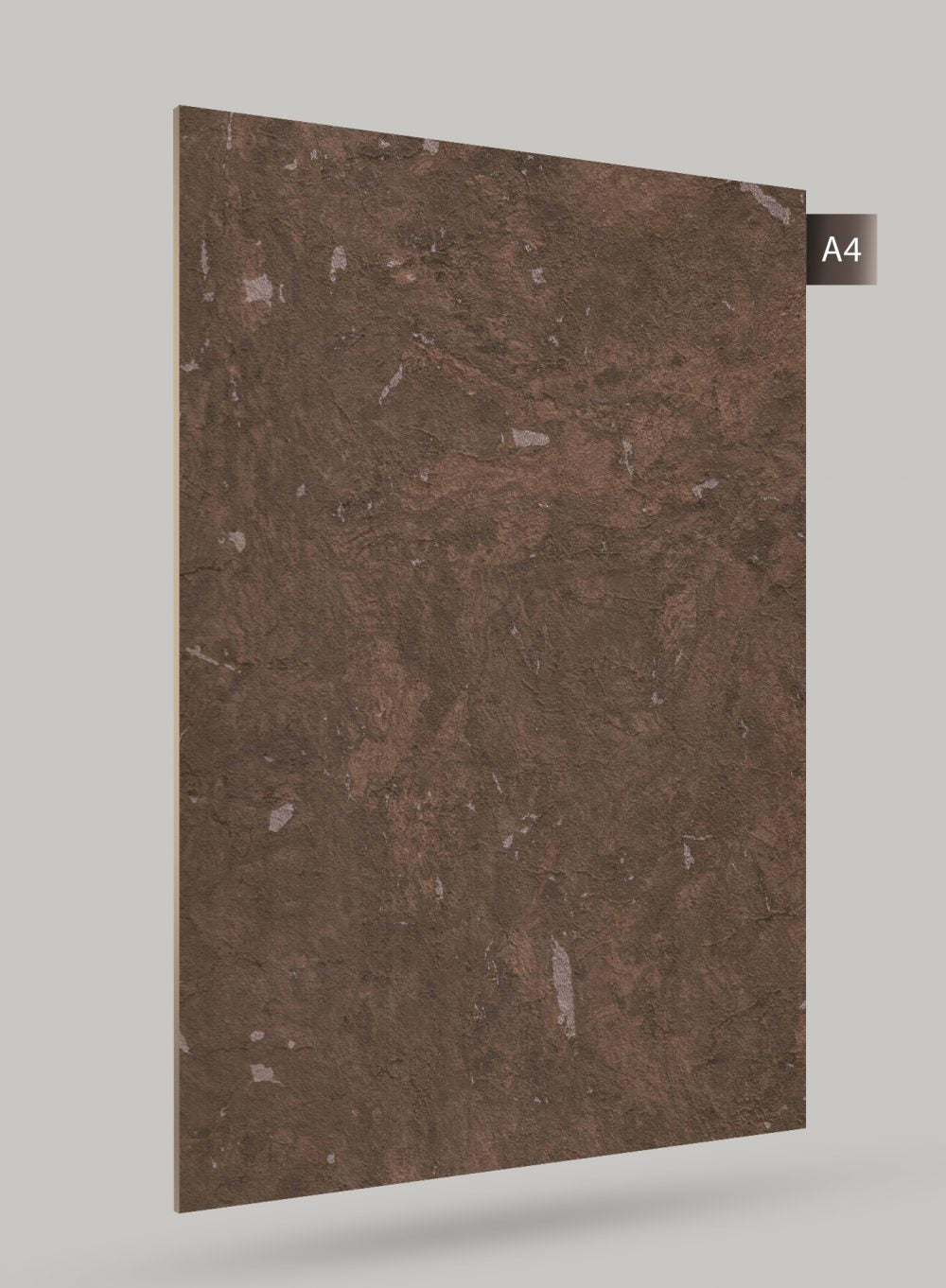 Brown marble laminate sheet with matte finish and textured surface displaying natural stone pattern and white flecks.