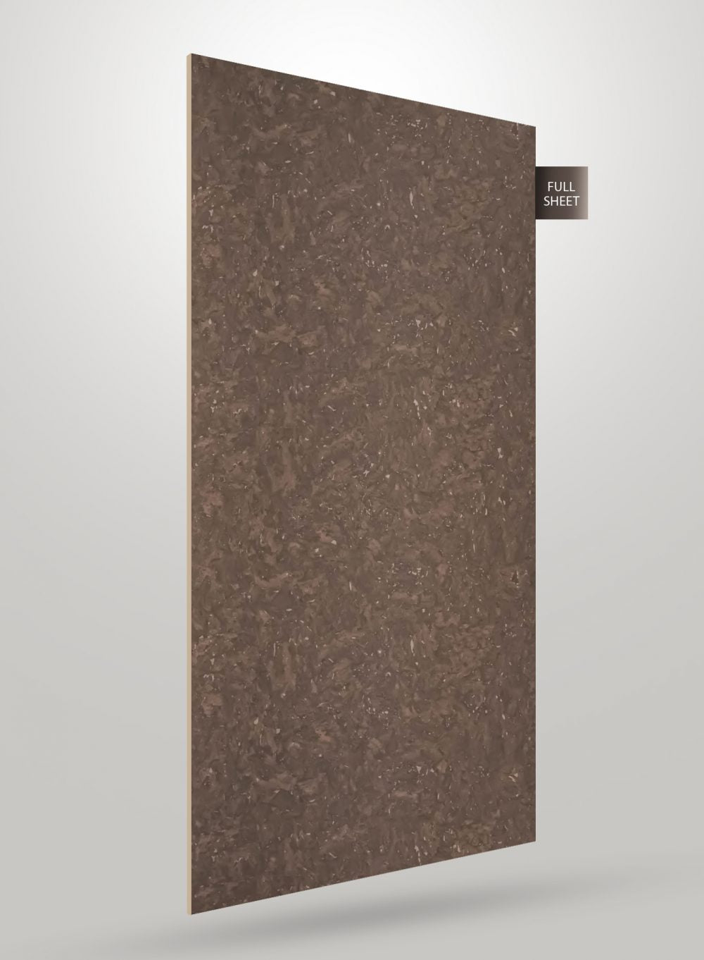 Brown marble laminate sheet with matte finish and speckled pattern, showing full sheet view with visible texture and flecks.