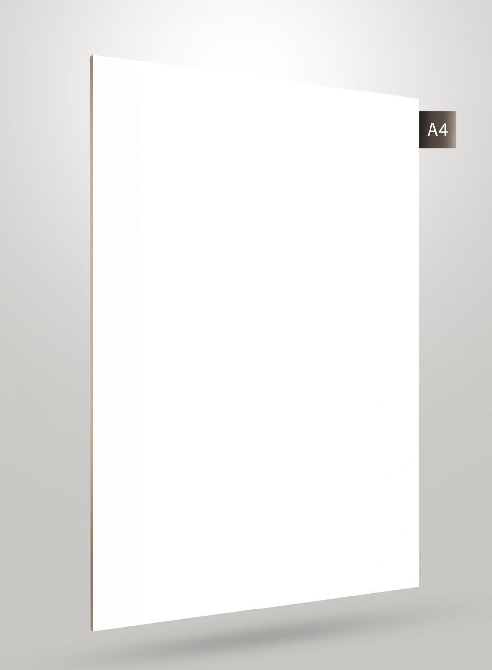 White solid colour laminate with matte finish and smooth texture, shown on a grey background with A4 label.