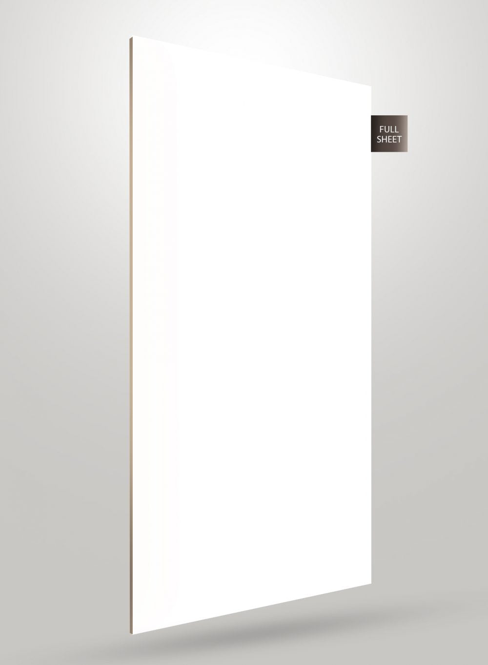 White matte laminate sheet with smooth finish and visible edge standing upright against a gray gradient background.